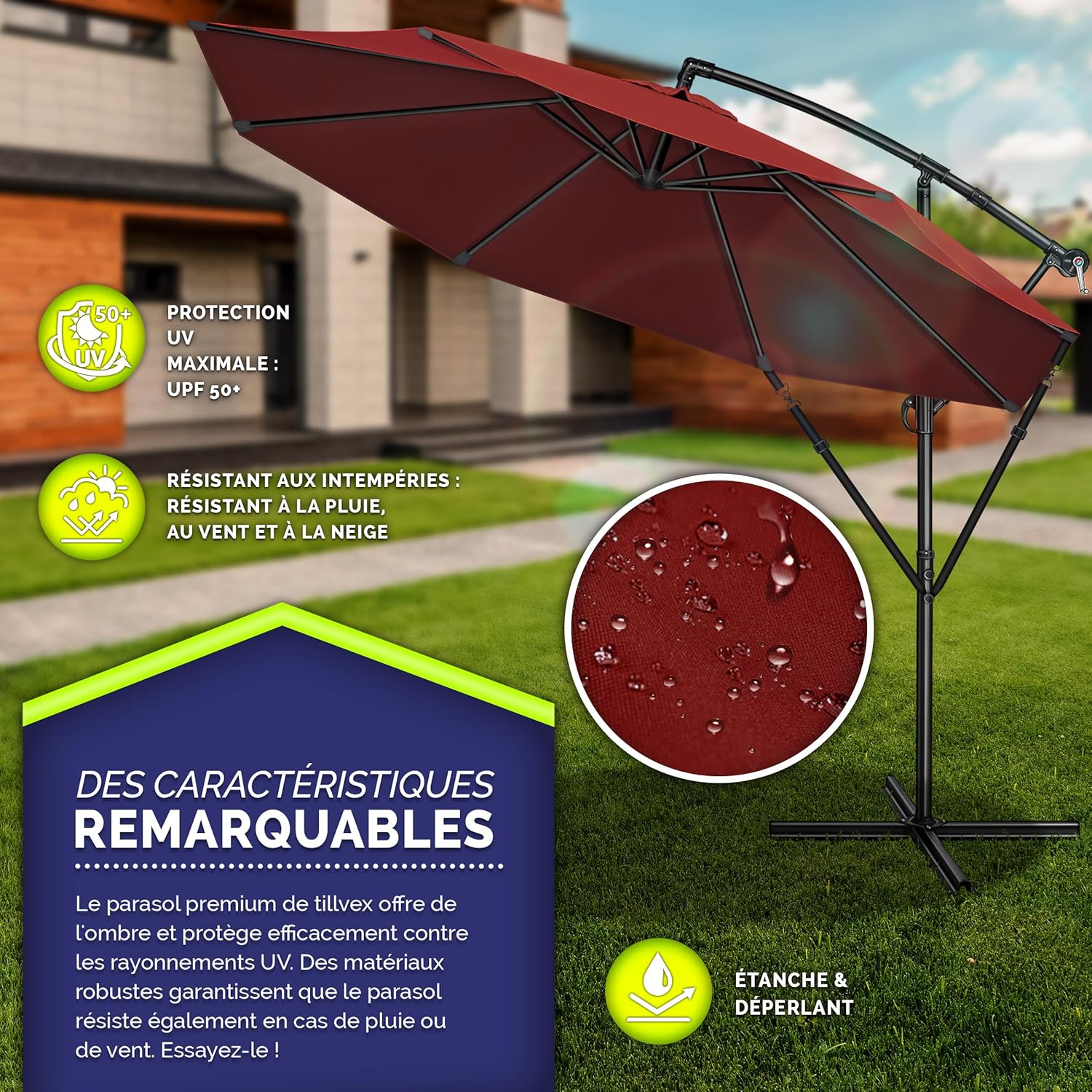 Thumbnail 1 de tillvex Parasol déporté hexagonal 3 m avec manivelle : protection UV pour jardin, terrasse ou marché