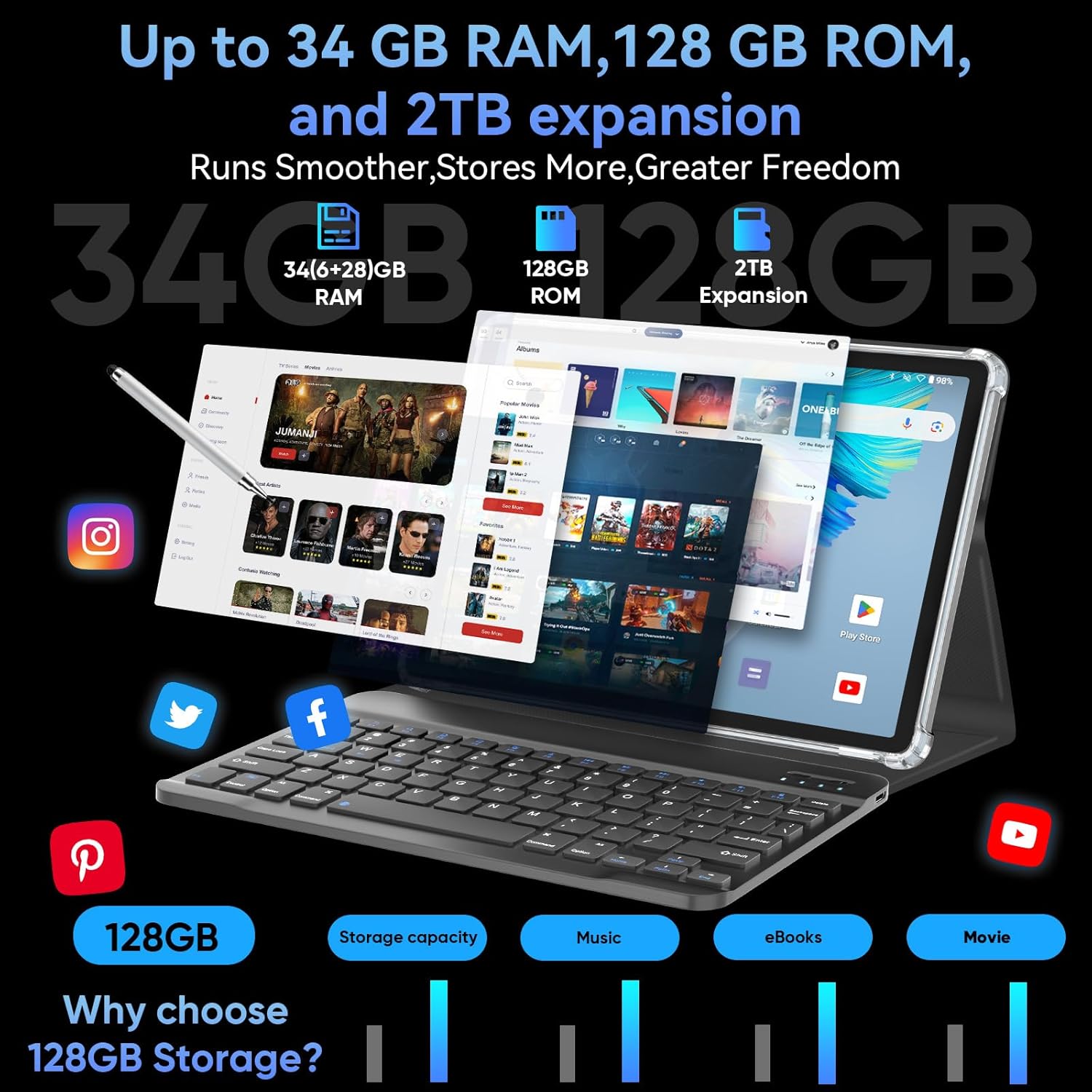 Detalle de HNVHNV Android 16 Tablet 11-inch with Keyboard: 34GB RAM, 128GB ROM, 2TB Expansion