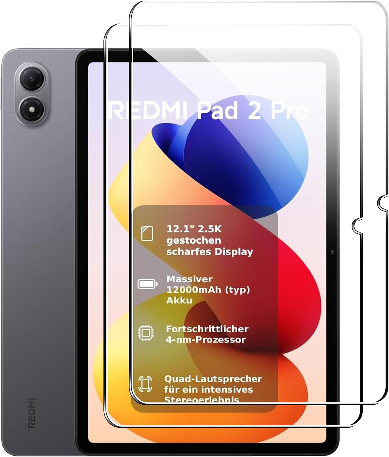 Detalle de Fitudoos 2-teiliges Panzerglas-Display-Schutzfolie-Set für Xiaomi Redmi Pad Pro & Redmi Pad 2 Pro (12,1 Zoll)