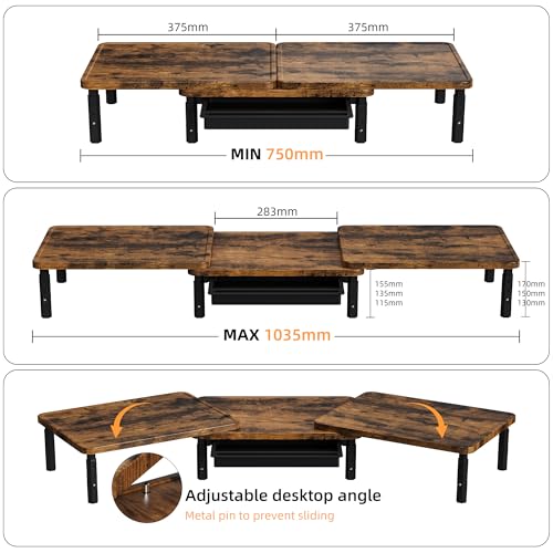 Detalle 2 de ETHU Dual Monitor Stand Riser with Drawer 75-103.4cm, Walnut