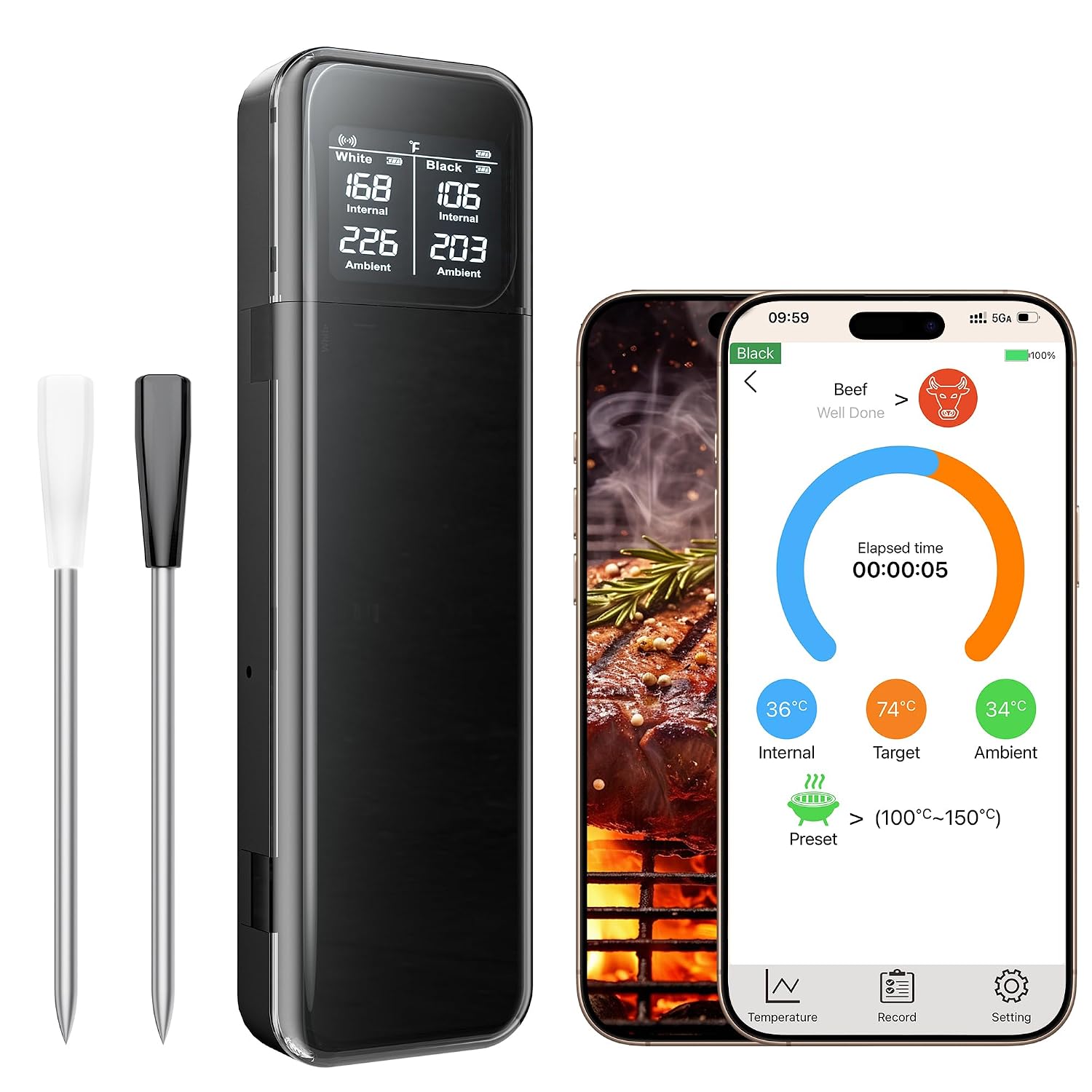 Detalle de GJX DT-136 Wireless Meat Thermometer with Dual Probes, Bluetooth 5.3 and IP67
