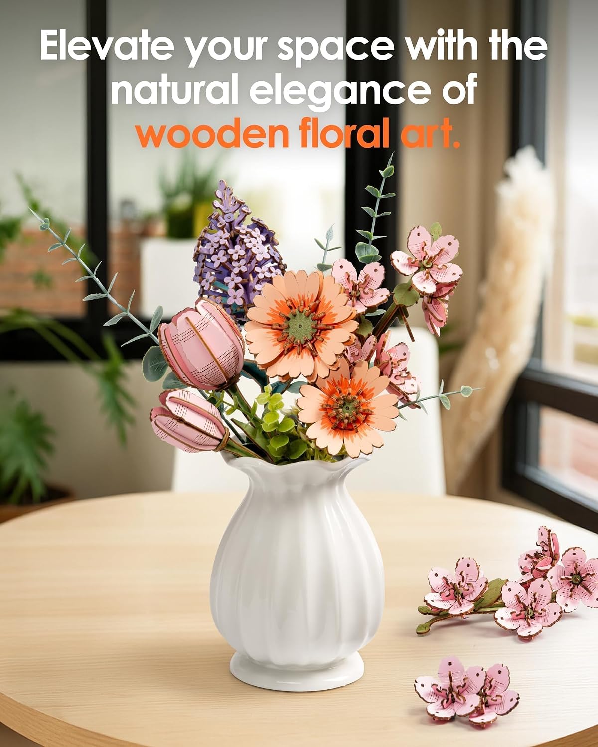 Detalle de ROBOTIME 3D Wooden Flowers Puzzle Light Orange Gerbera Daisy – DIY Kit for Adults