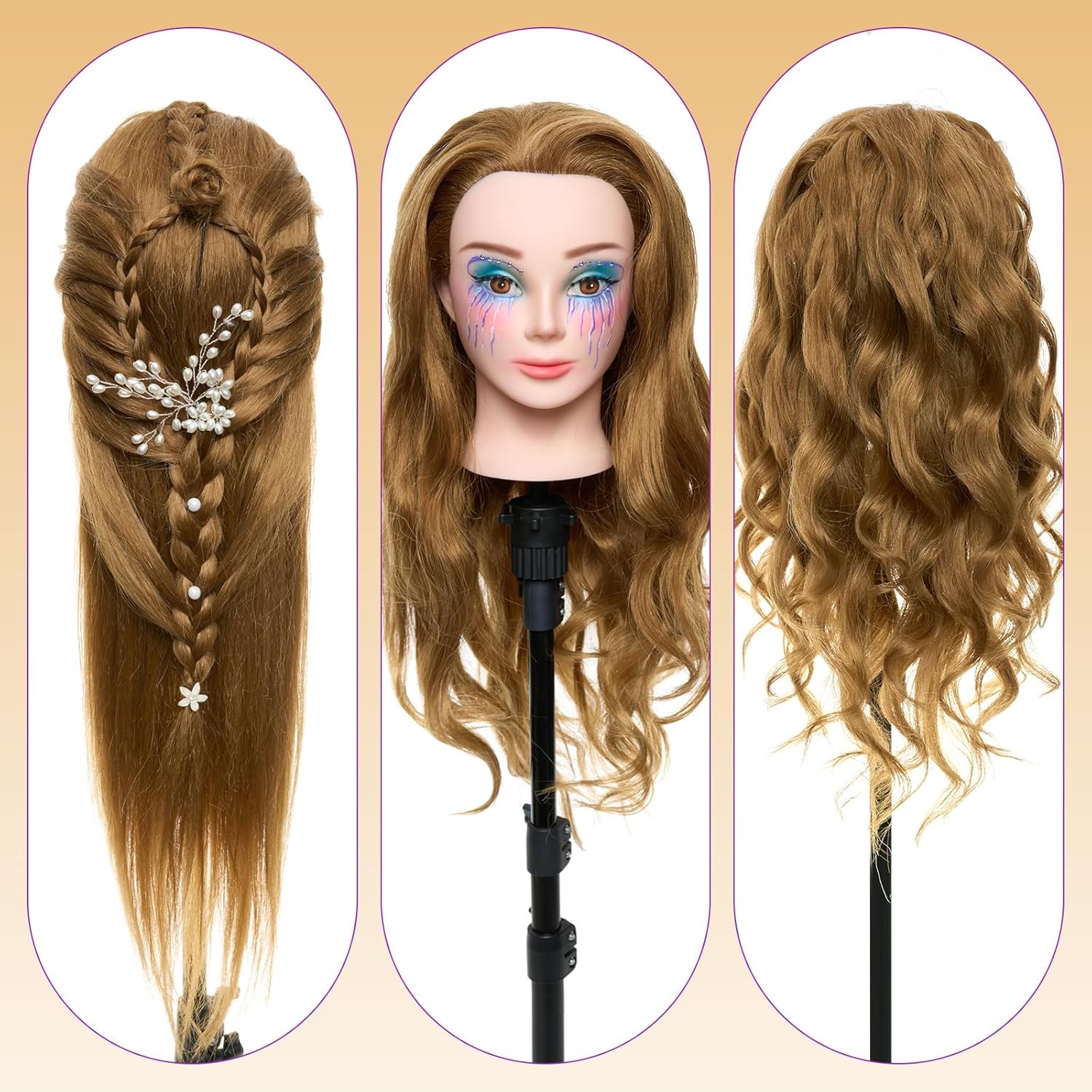 Detalle de Mannequin Head with 80% Real Human Hair + Tripod Stand for Hair Styling and Training