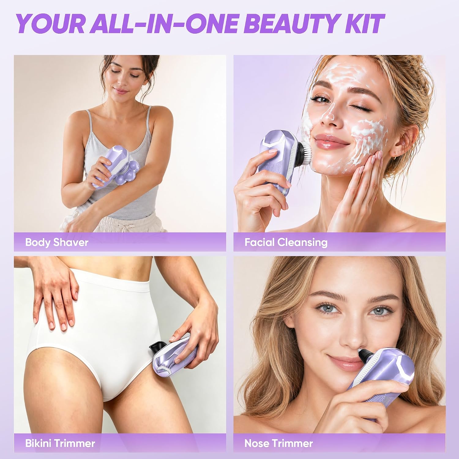 Detalle de Electric Shaver for Women with 7D Magnetic Heads – All-in-One Wet & Dry Body Grooming Kit (Purple)