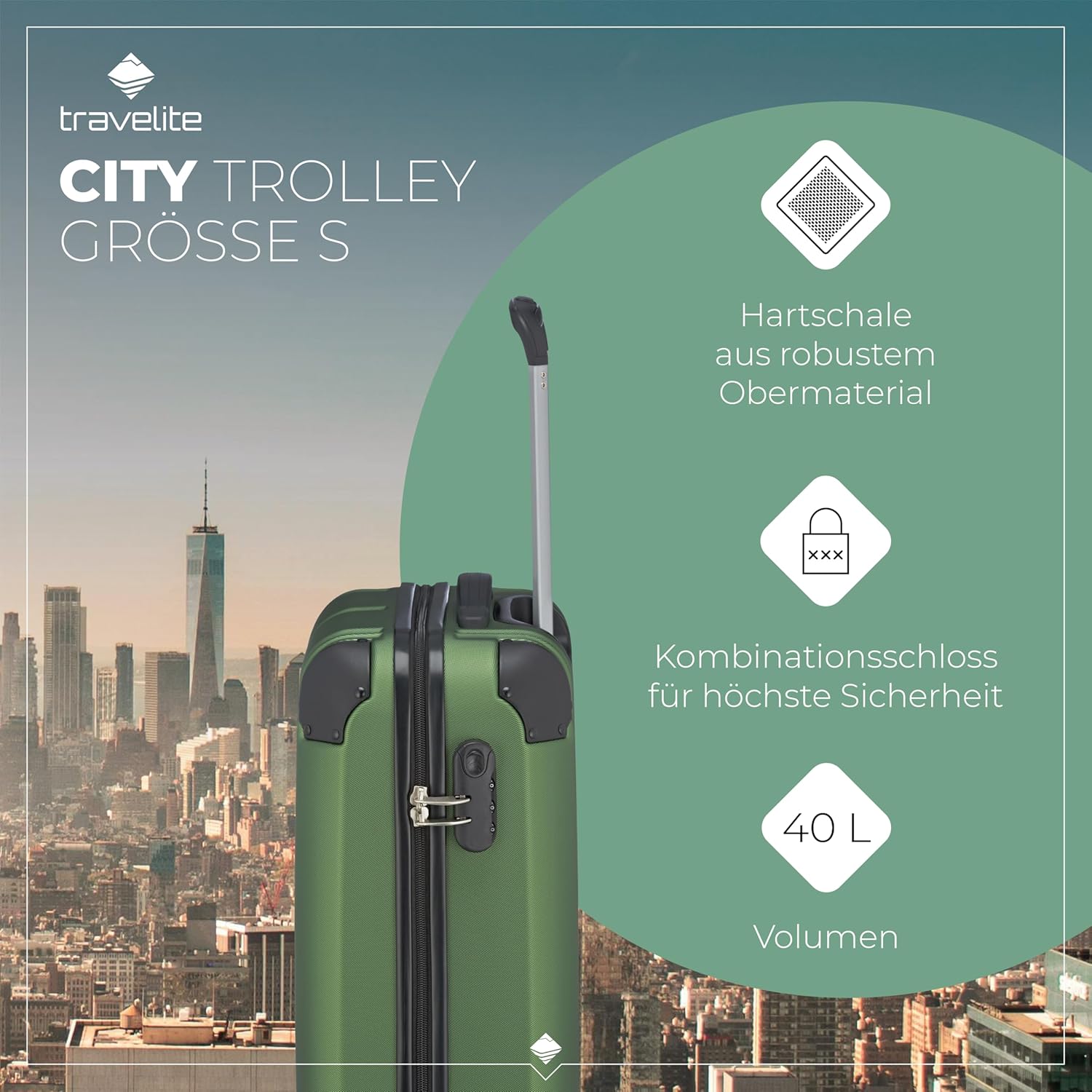 Detalle 2 de Travelite City Handgepäck Trolley klein 55x40x20 cm – Kratzfeste Hartschale, 40 l, 2,7 kg