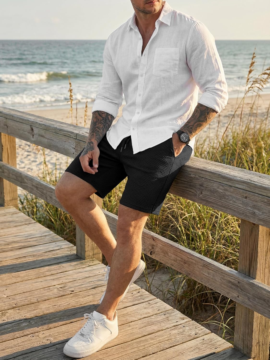 Thumbnail 2 de JMIERR Herren Textur Kurze Hosen mit 3 Taschen – Sommer 2026, Loose Fit, elastischer Bund
