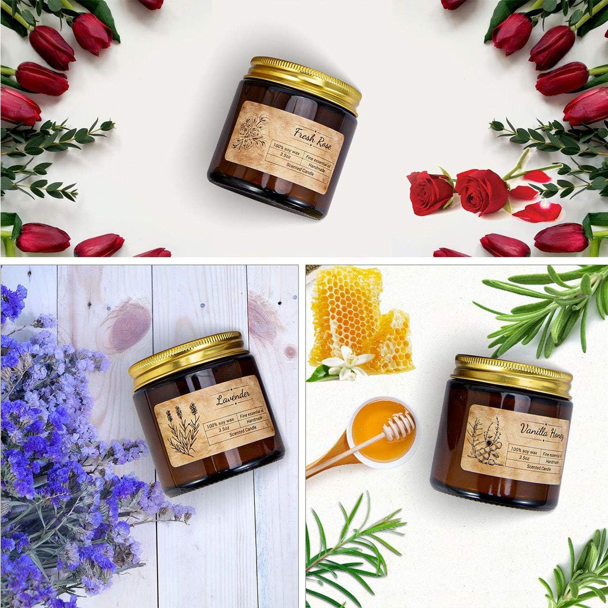 Detalle de IDEALHOUSE Scented Candles Gift Set Vanilla Honey, Rose & Lavender 🕯