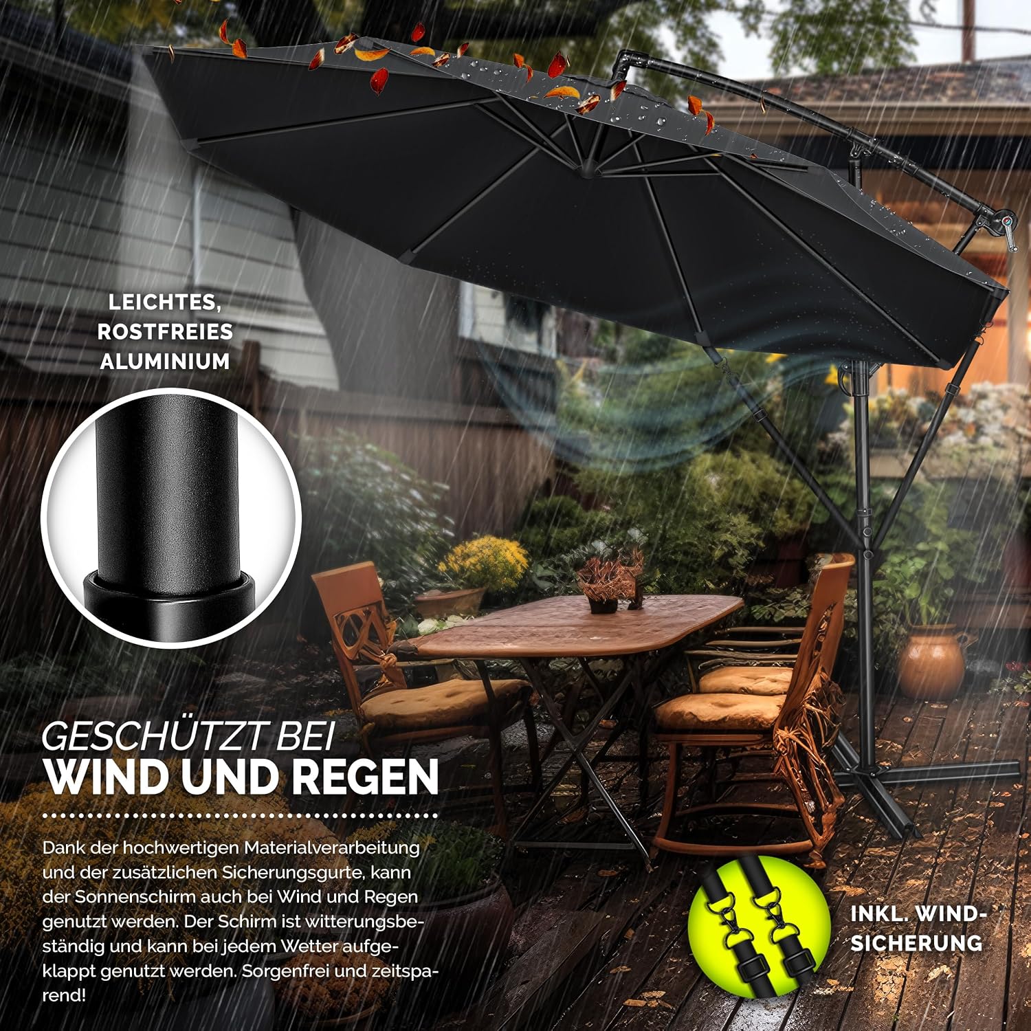 Detalle de Tillvex Alu Sonnenschirm + Abdeckung Ø 350 cm – Ampelschirm mit Kurbel, Ständer & Windschutz aus Aluminium