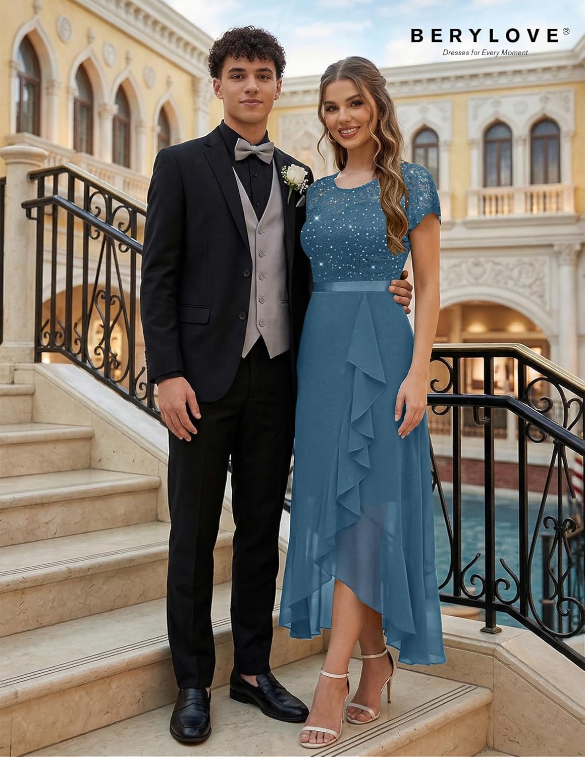 Thumbnail 5 de BeryLove Lace Long Prom Dress for 2026 Wedding Guests with Slit, High-Low Hem & Semi-Sheer Back