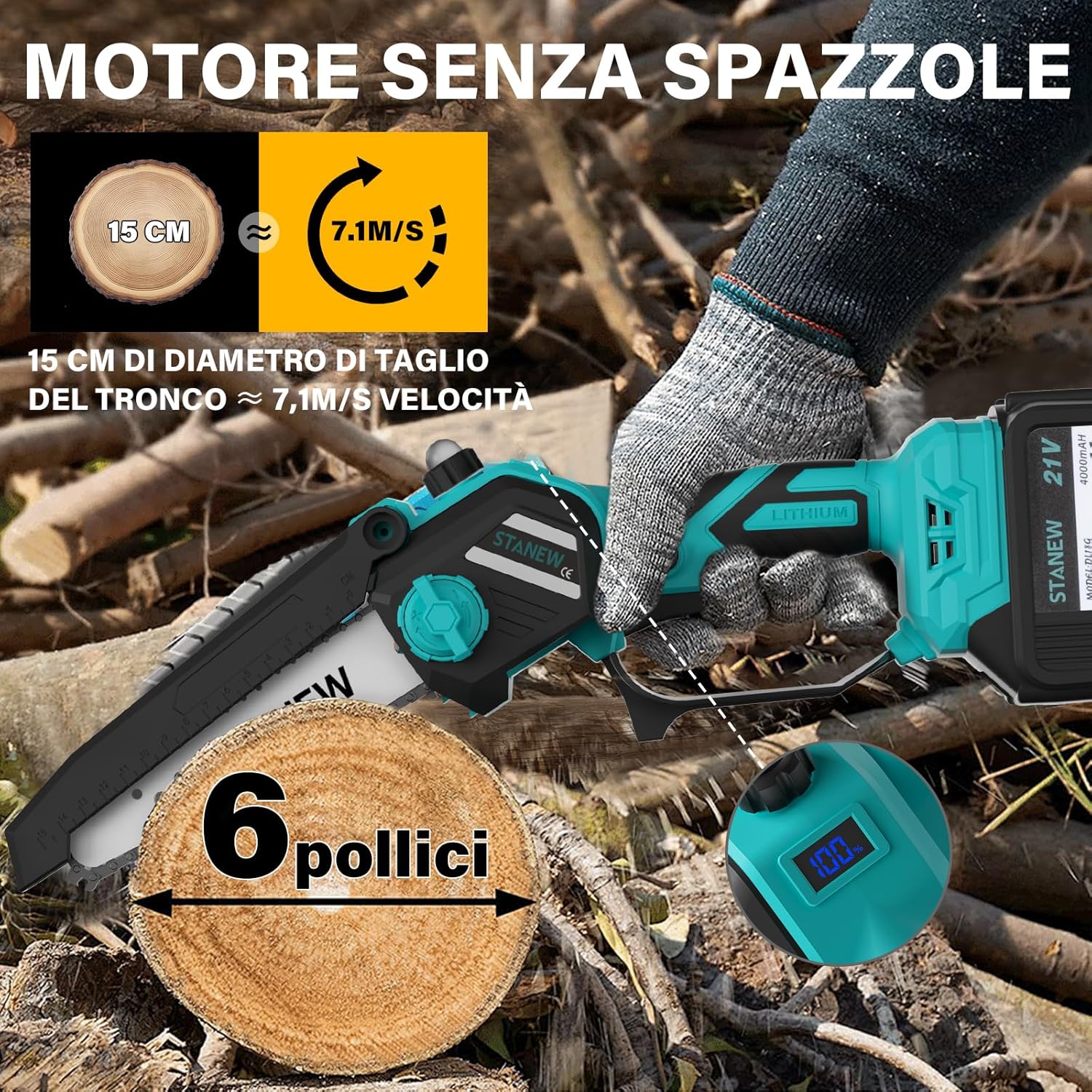 Detalle de STANEW Motosega telescopica 2 in 1: potatura e asta estensibile, batteria potente, regolabile 0–120°
