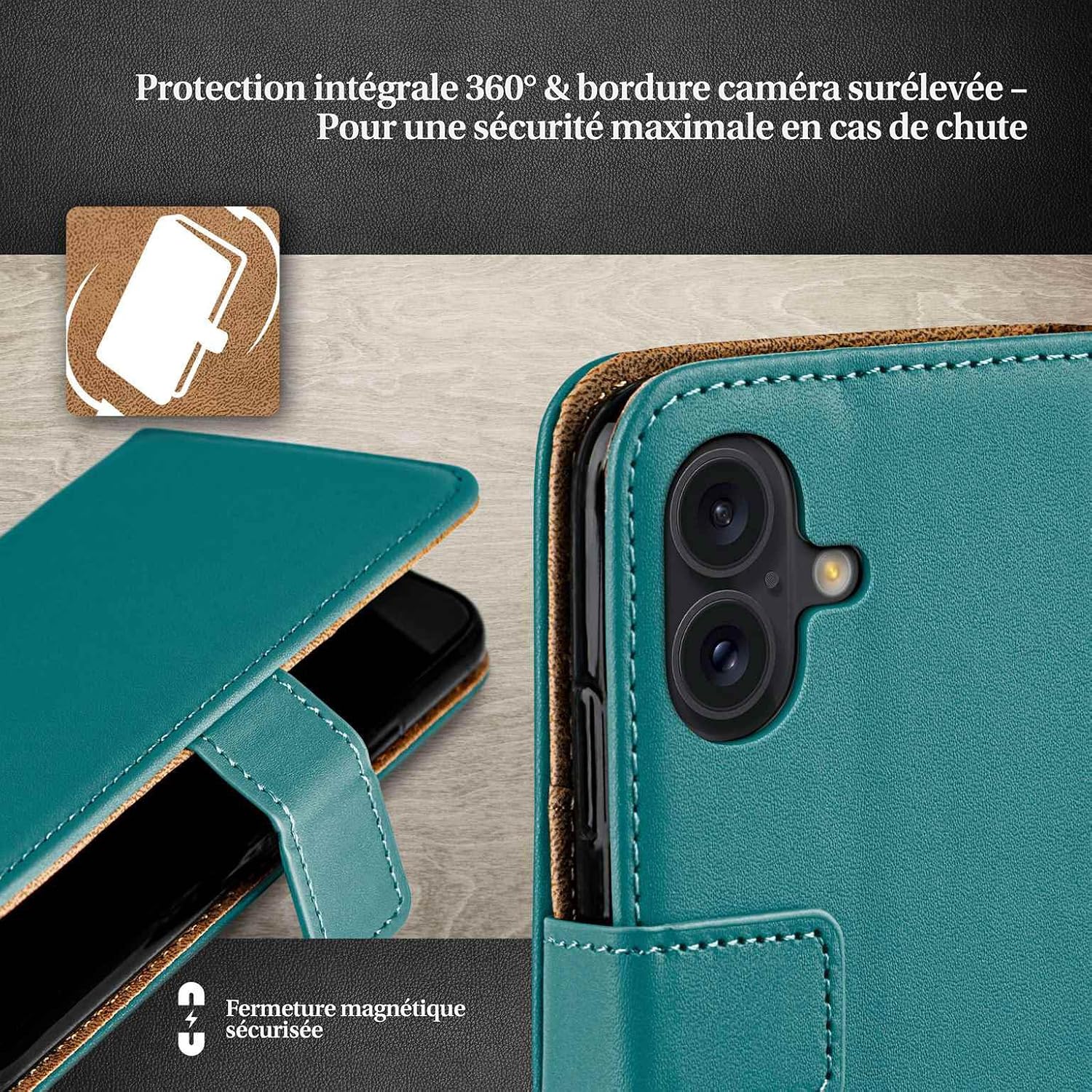Detalle de moex Étui de protection à rabat pour iPhone 16 — portefeuille durable avec compartiment pour cartes, pliable à 360° et finition cuir synthétique bleu pétrole