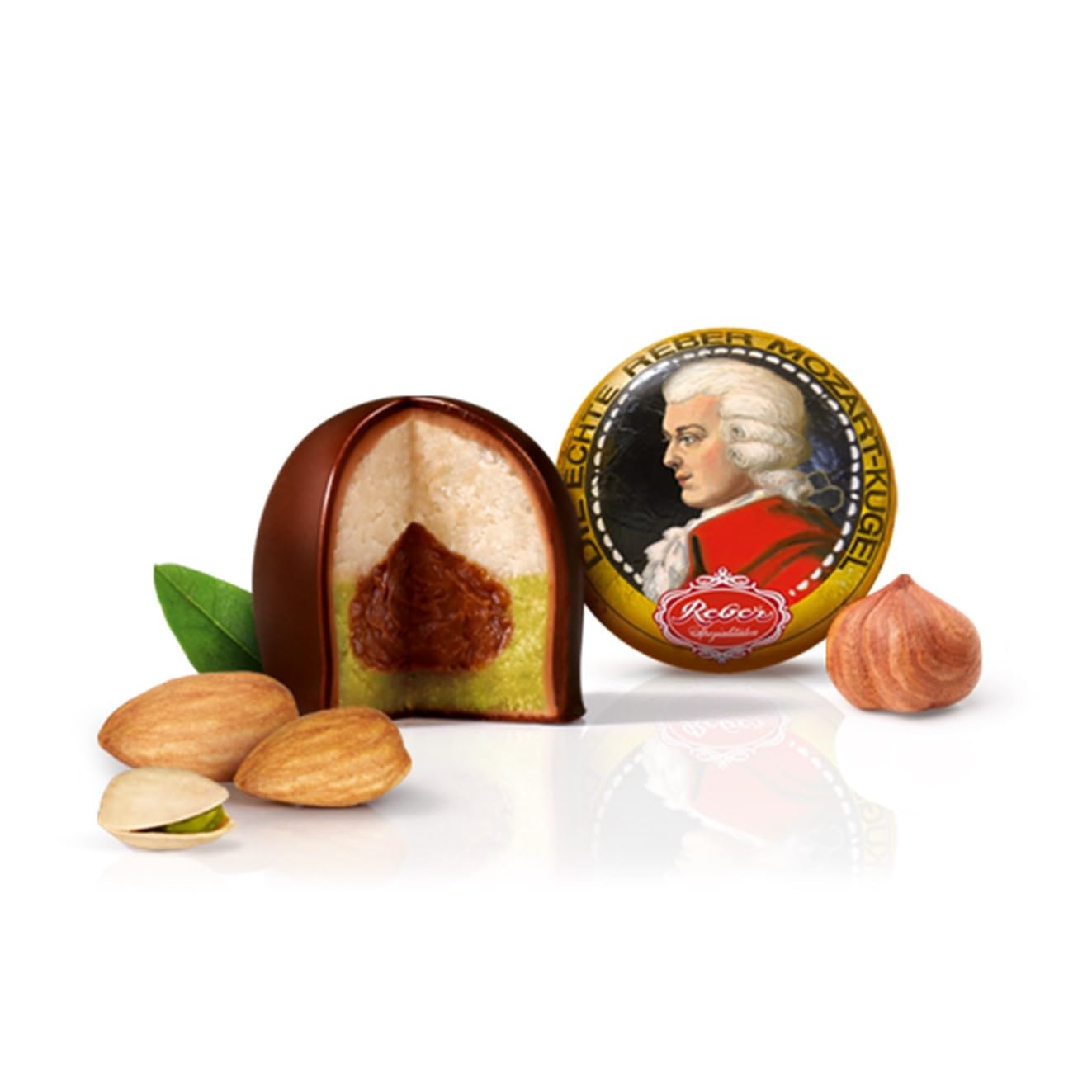 Detalle de Reber Mozart-Kugeln Barock – 12er Packung, Zartbitter-Schokolade mit Pistazien-Marzipan, Mandeln und Haselnuss-Nougat (240 g)