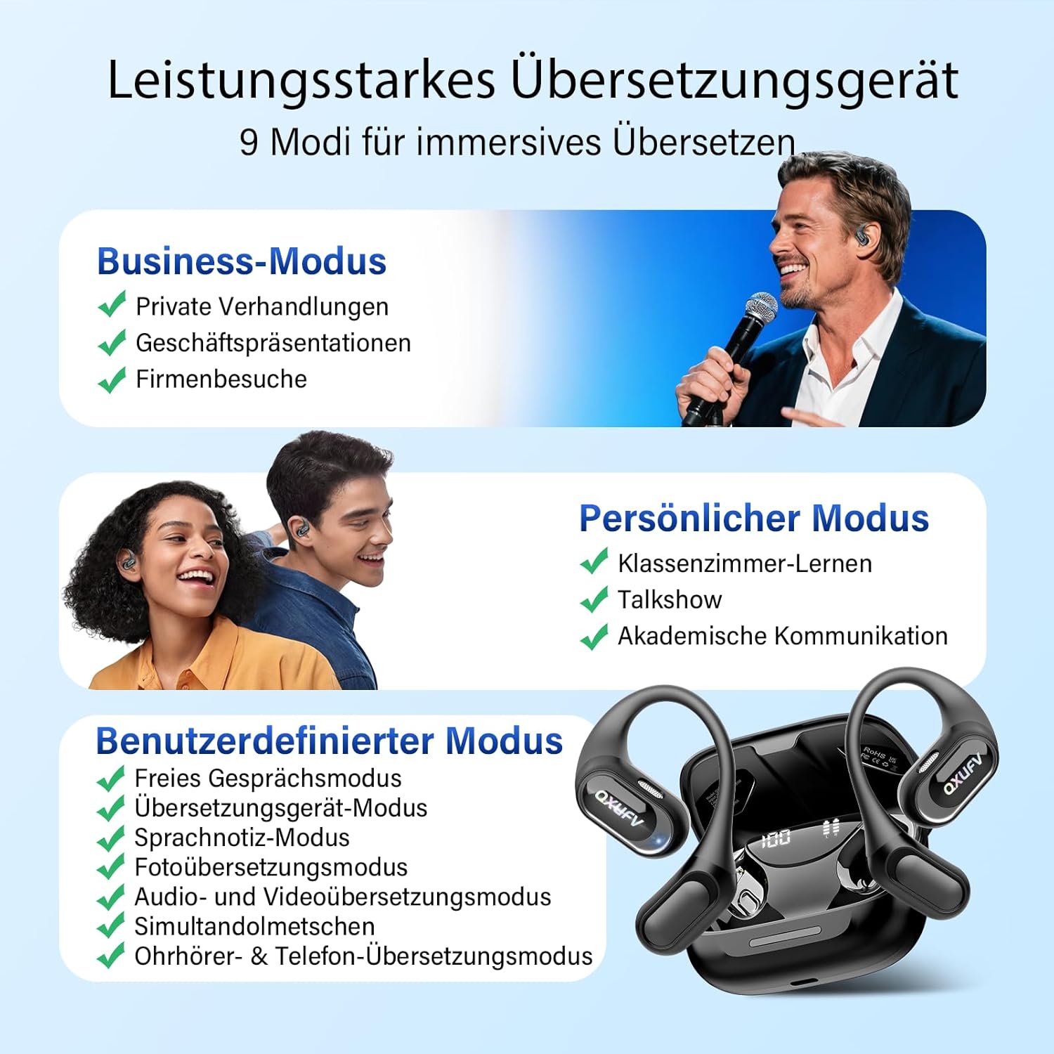 Thumbnail 4 de KI Übersetzer Kopfhörer QX68 – Echtzeit-Übersetzung, 164 Sprachen, IPX7, 50 Std. Akku