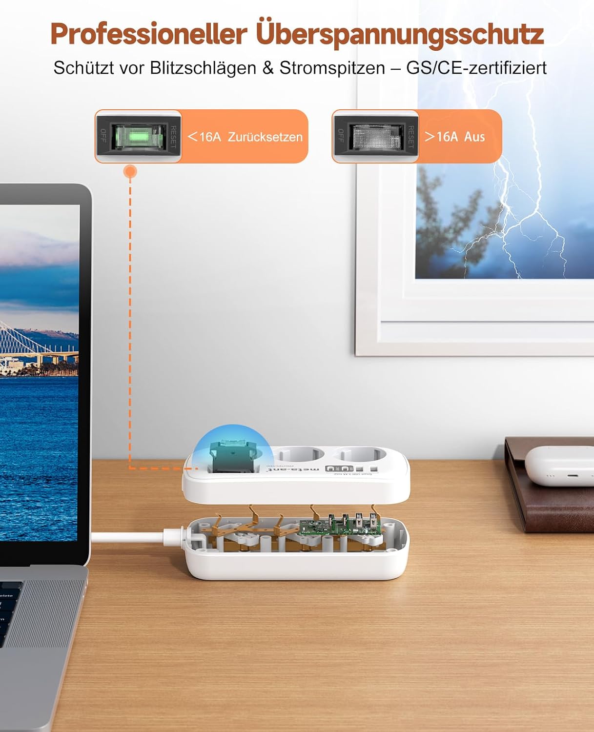 Detalle 2 de Steckdosenleiste mit USB 3.4A (17W) – 3 Steckdosen, 4 USB-Anschlüsse (2x USB-C) | 1,5 m Kabel, Überspannungsschutz 750J, Wandmontage, Weiß