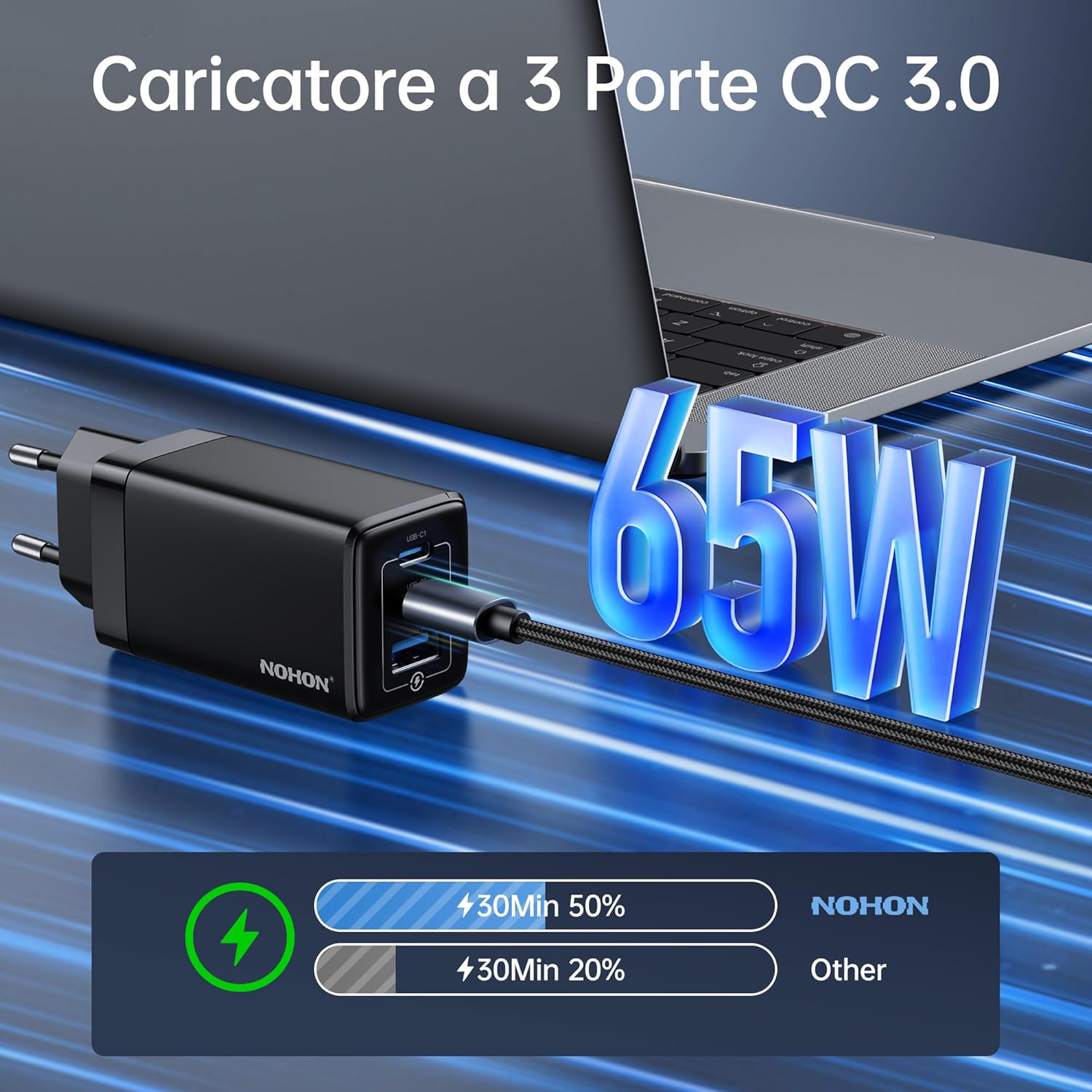 Thumbnail 1 de NOHON Caricatore USB-C 65W GaN PD 3.0 con 3 Porte e Cavo 140W 1,2 m