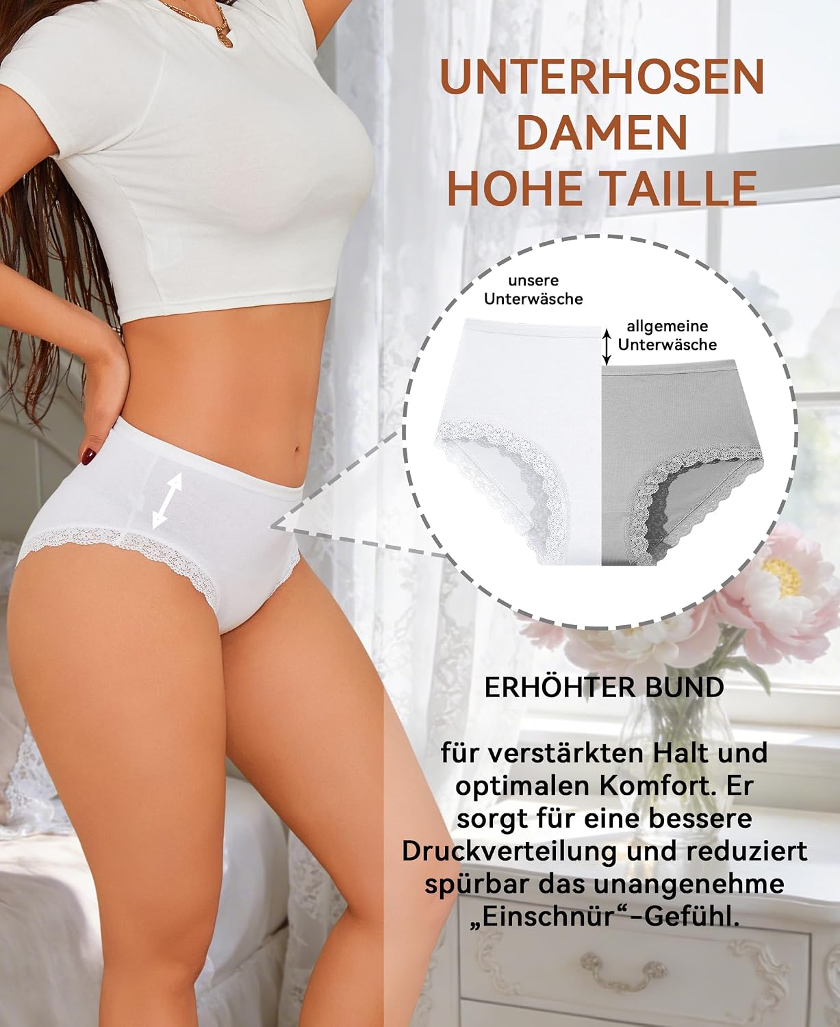 Detalle de Sth Big Mutande Donna Cotone Vita Alta con Pizzo – Comfort e stile per l’uso quotidiano