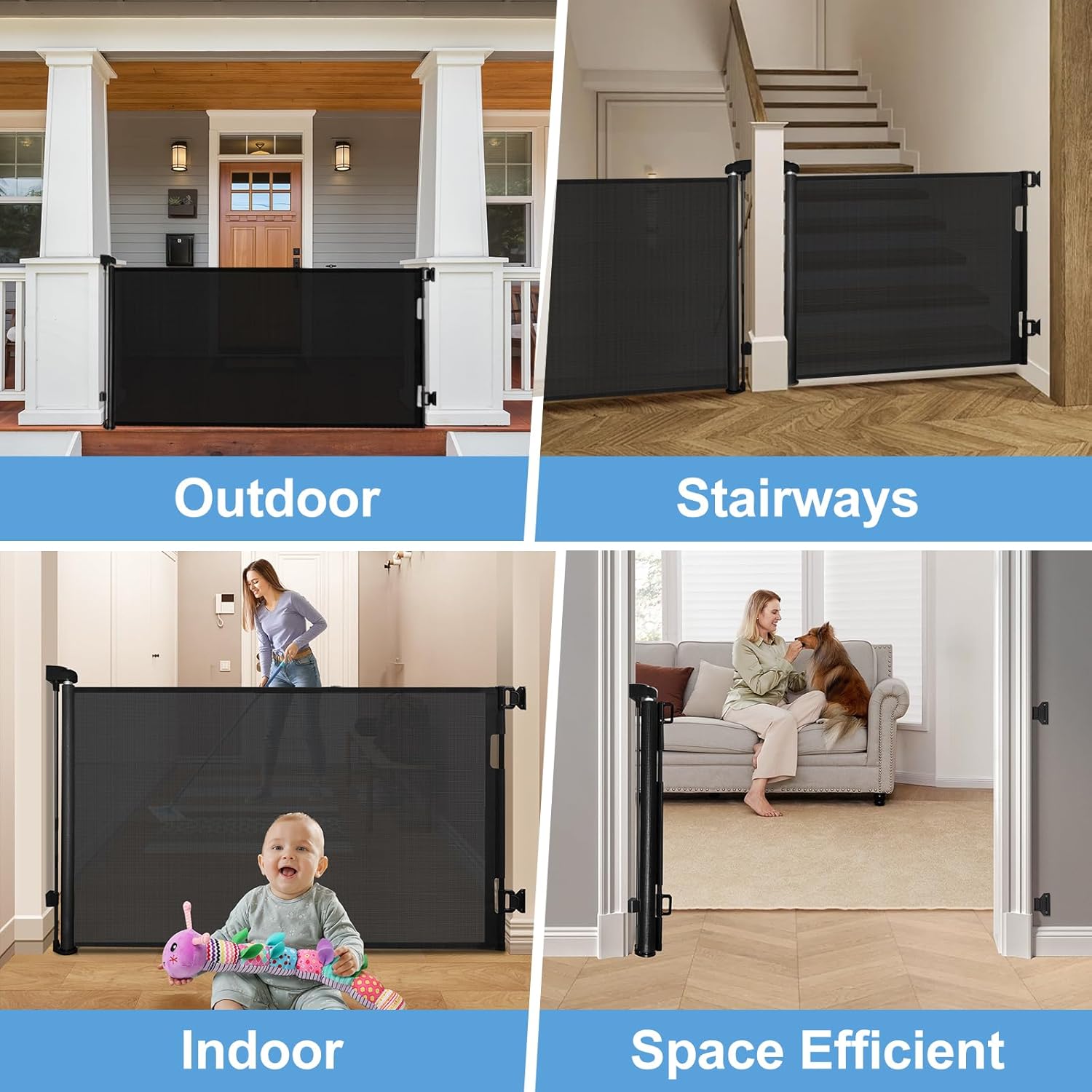 Thumbnail 2 de Retractable Mesh Safety Baby or Dog Gate (86cm tall), expands to 140cm wide – Black, 2 pack