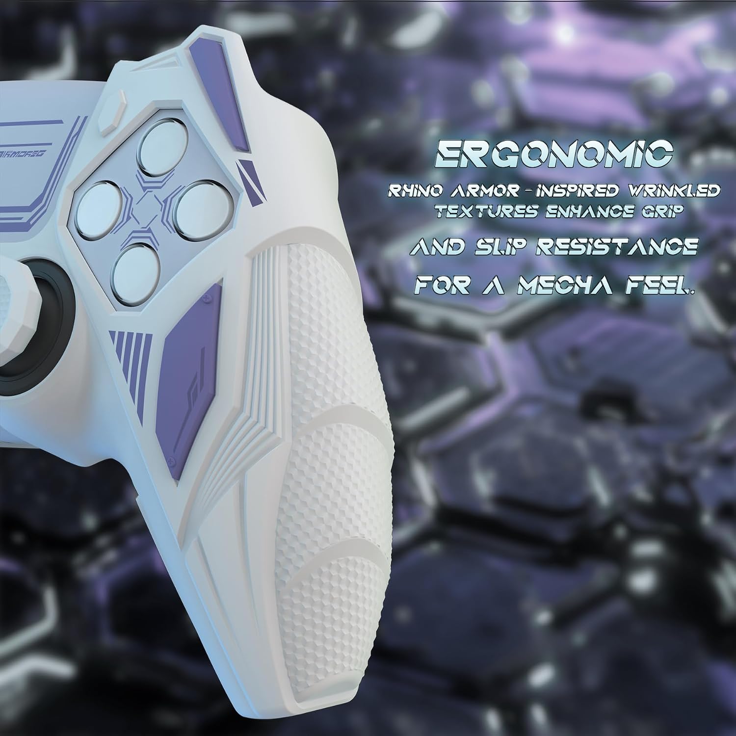 Thumbnail 2 de PlayVital Mecha Rhino Silicone Cover for PS5 Controller (White & Light Violet) with Thumb Grips & Stickers