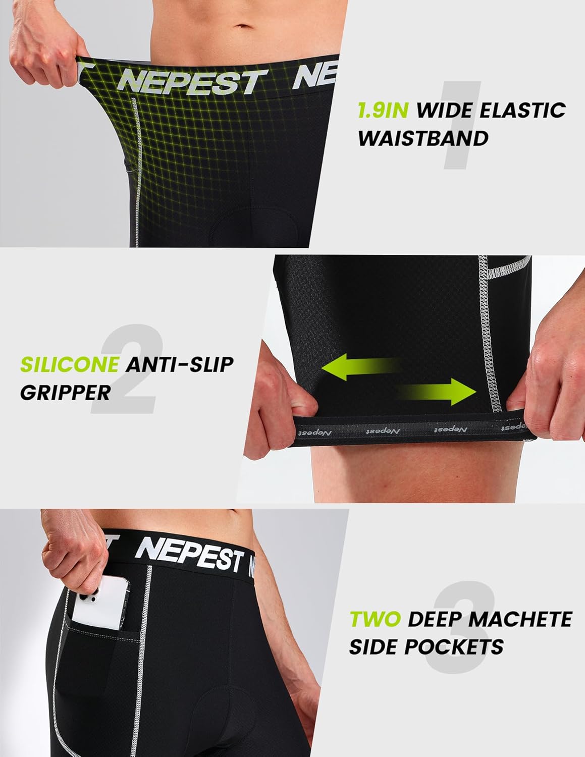 Detalle de Nepest Fahrradhose Herren 4D Gepolstert – atmungsaktiv, anti‑Rutsch Bündchen, Breiter Bund