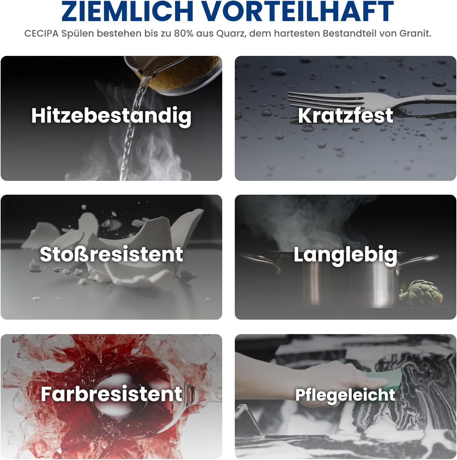 Detalle 2 de CECIPA Küchenspüle Granit 45x45 cm – schwarz, eckig, 2 Hahnlöcher, inkl. Ablaufset