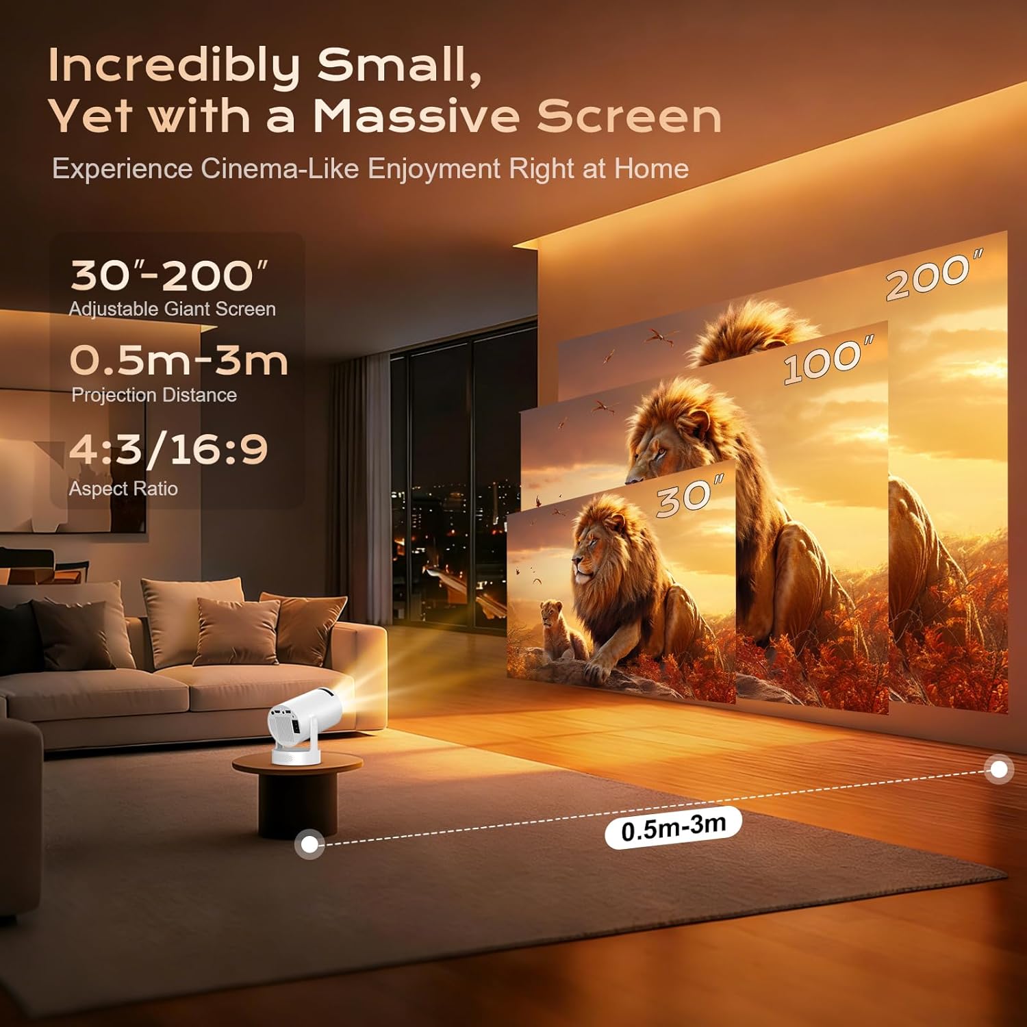 Detalle 2 de Mini Beamer 4K/1080p – Tragbarer Android-Beamer mit WLAN 6, Bluetooth 5.4 und 270° Drehsockel