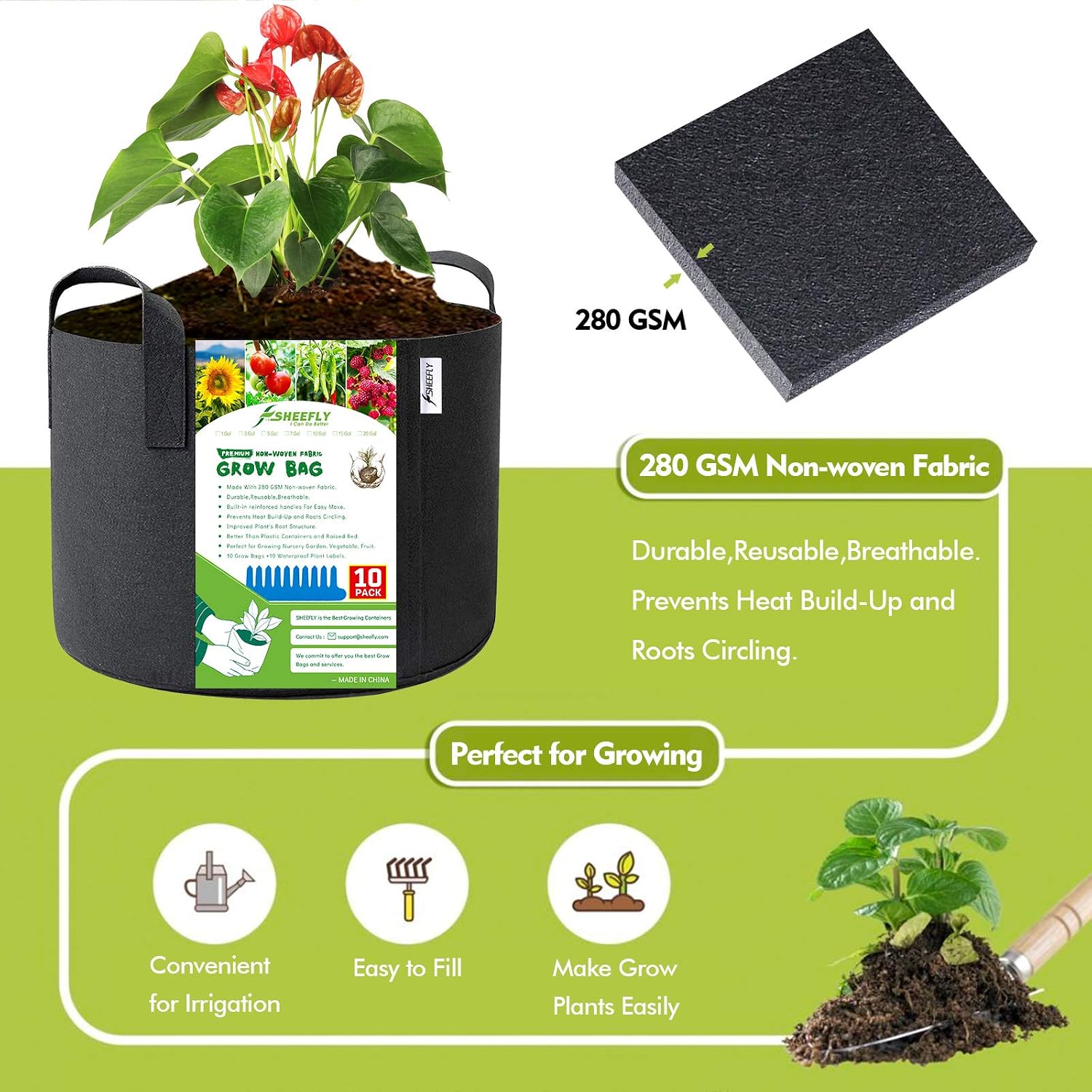 Detalle 2 de SHEEFLY 10 Pack 7 Gallon Grow Bags (300GSM) with Reinforced Handles and Plant Labels