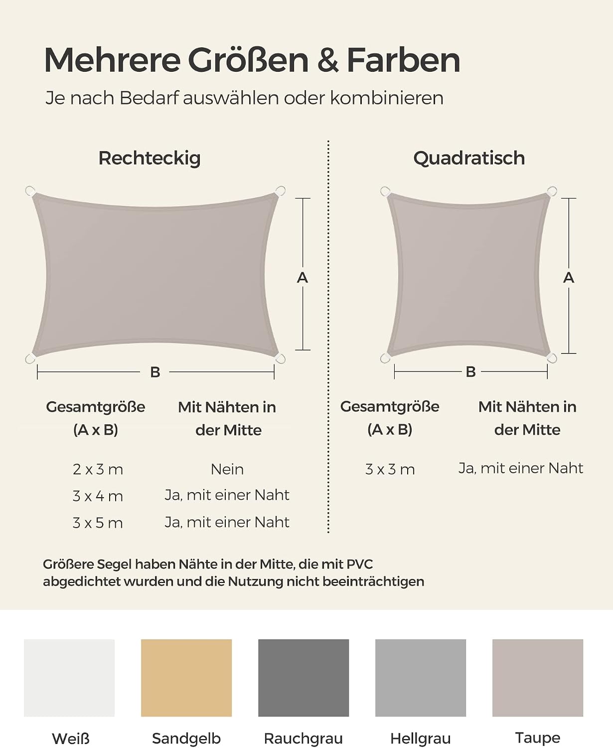 Detalle 2 de SONGMICS Sonnensegel 2 x 3 m (GSH23TP) taupe, wasserabweisend, UV-Schutz 93%