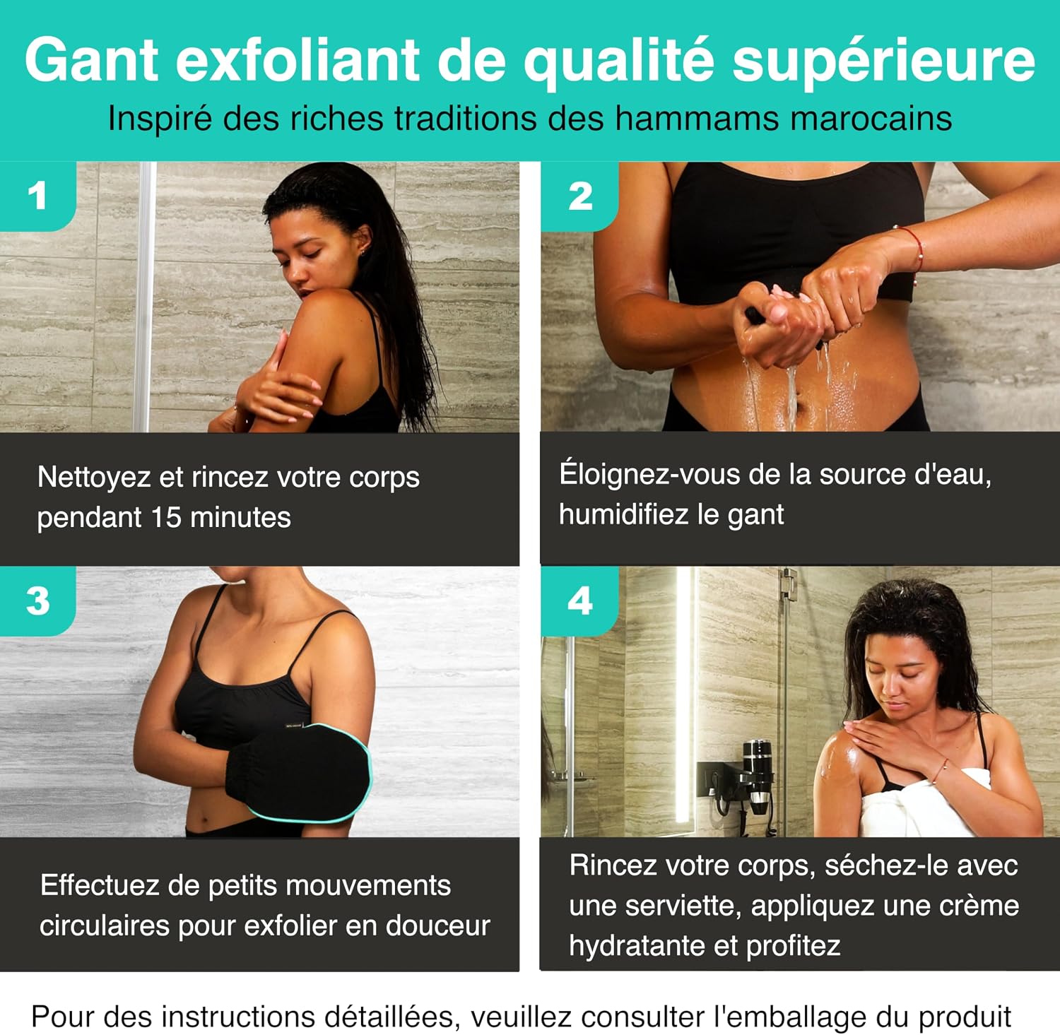 Detalle de aZengear Gant exfoliant (Paire) – Gant de gommage profond pour le bain coréen, noir