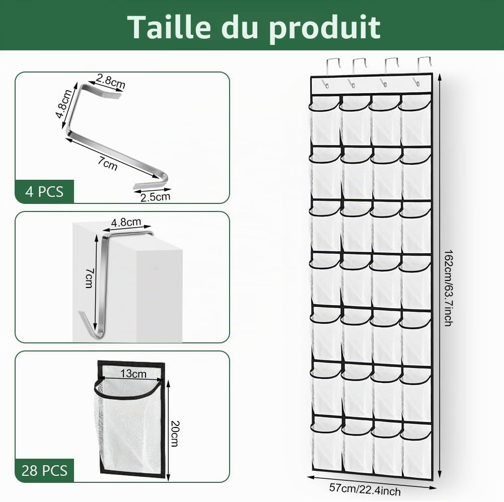 Detalle 2 de AUAUY schoenenorganizer voor boven de deur, 28 vakken, ademend mesh, wit