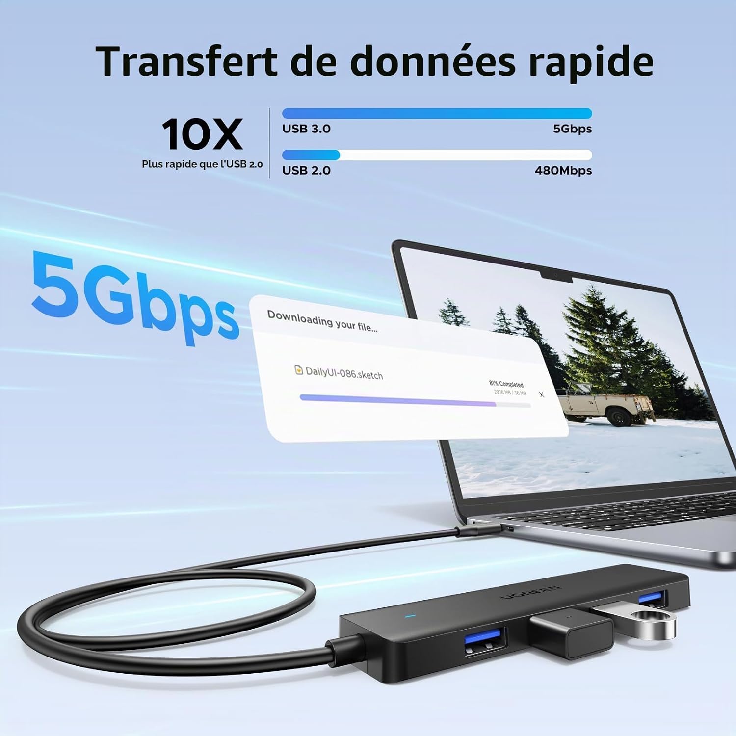 Detalle de UGREEN USB-C-hub met 4 USB 3.0-poorten, 5 Gbps en kabel van 60 cm
