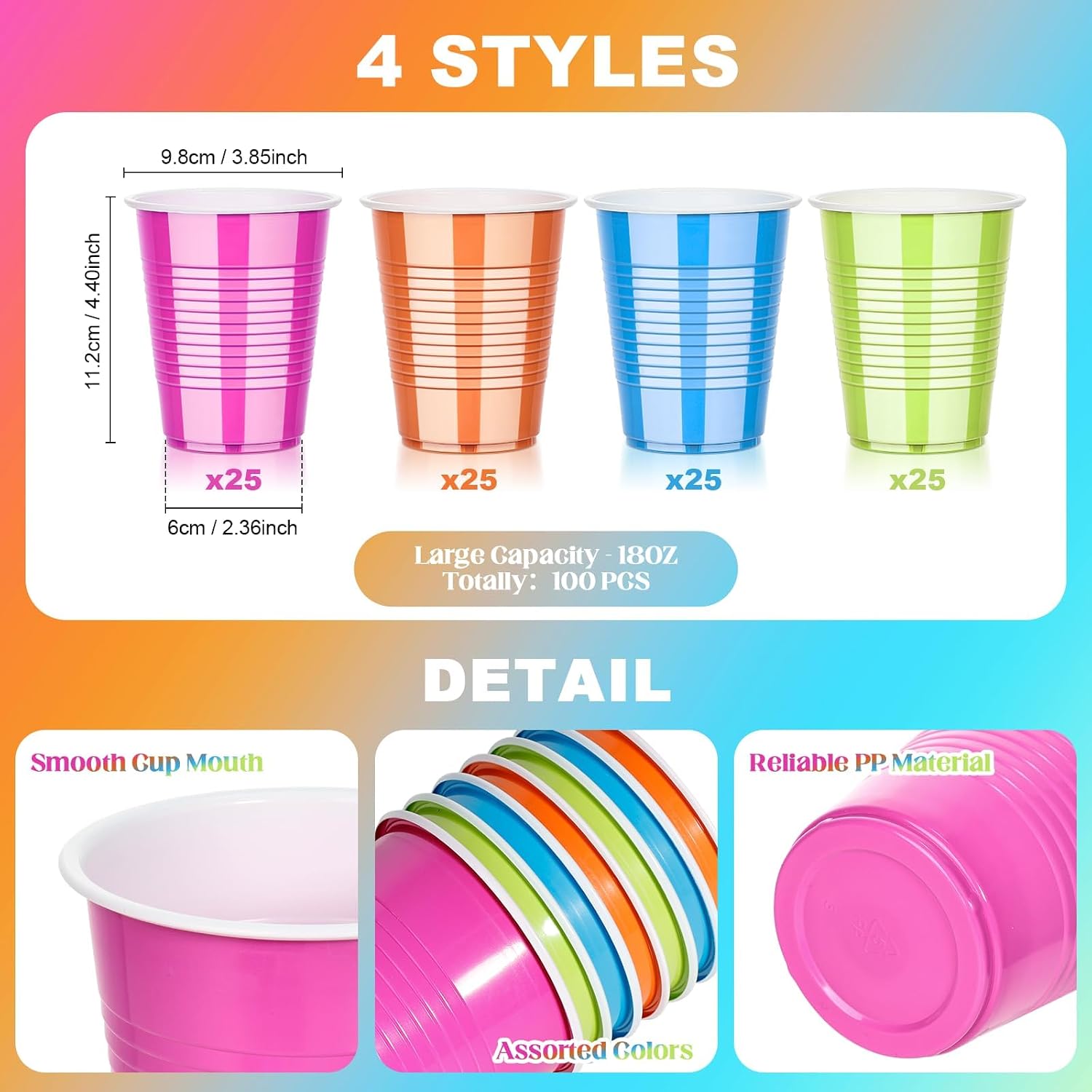 Detalle de KesaPlan D-511 18 oz Disposable Plastic Party Cups, 100 Pack, 4 Colours