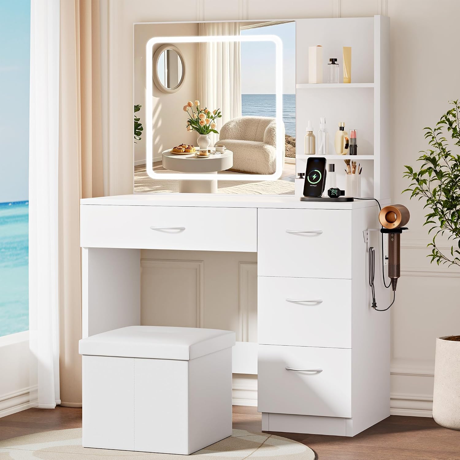 Detalle de LIVELYGLOW E124-028 White Makeup Vanity Desk with LED Mirror and 4 Drawers