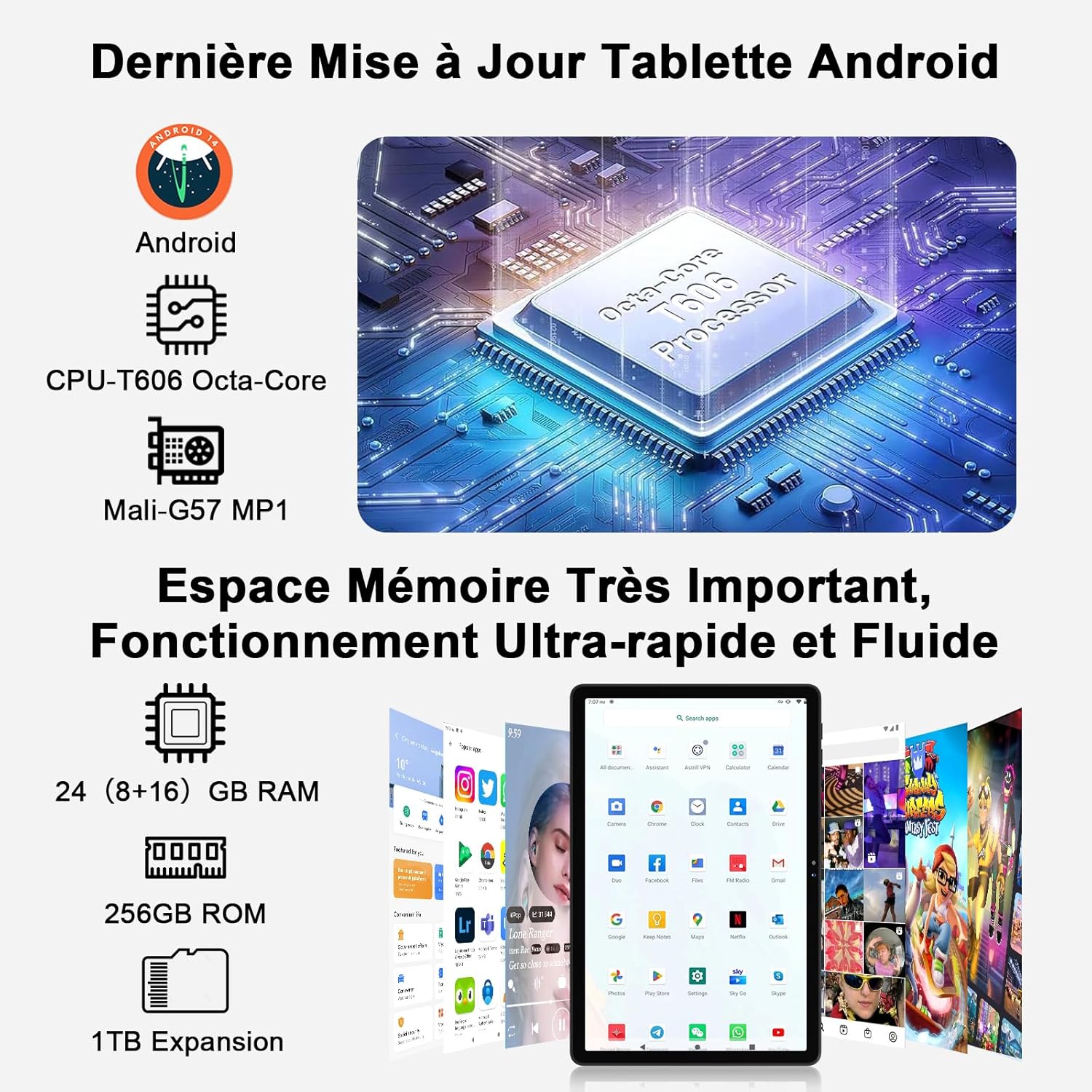 Thumbnail 3 de Nouvelle tablette Android 11 pouces 2026 : 24 Go RAM, 256 Go ROM extensible (jusqu’à 2 To) avec 5G WiFi 6, Widevine L1