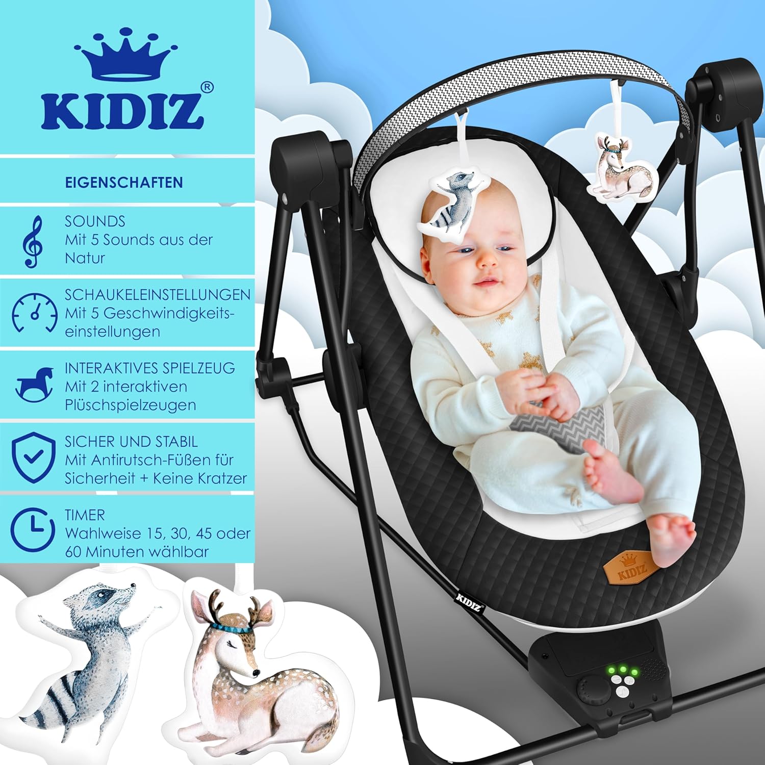 Thumbnail 1 de KIDIZ® Babywippe Babyschaukel mit 5 Geschwindigkeiten – faltbar, mit Spielbogen und Naturgeräuschen (Schwarz)