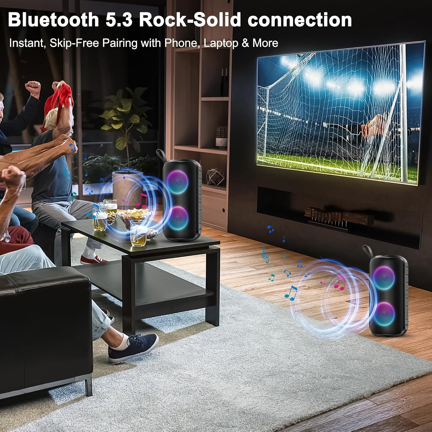 Detalle de Dyurwa Portable Bluetooth Speaker (24W Stereo Sound, Bluetooth 5.3, IPX6, 12H playtime) with RGB lights and built-in mic