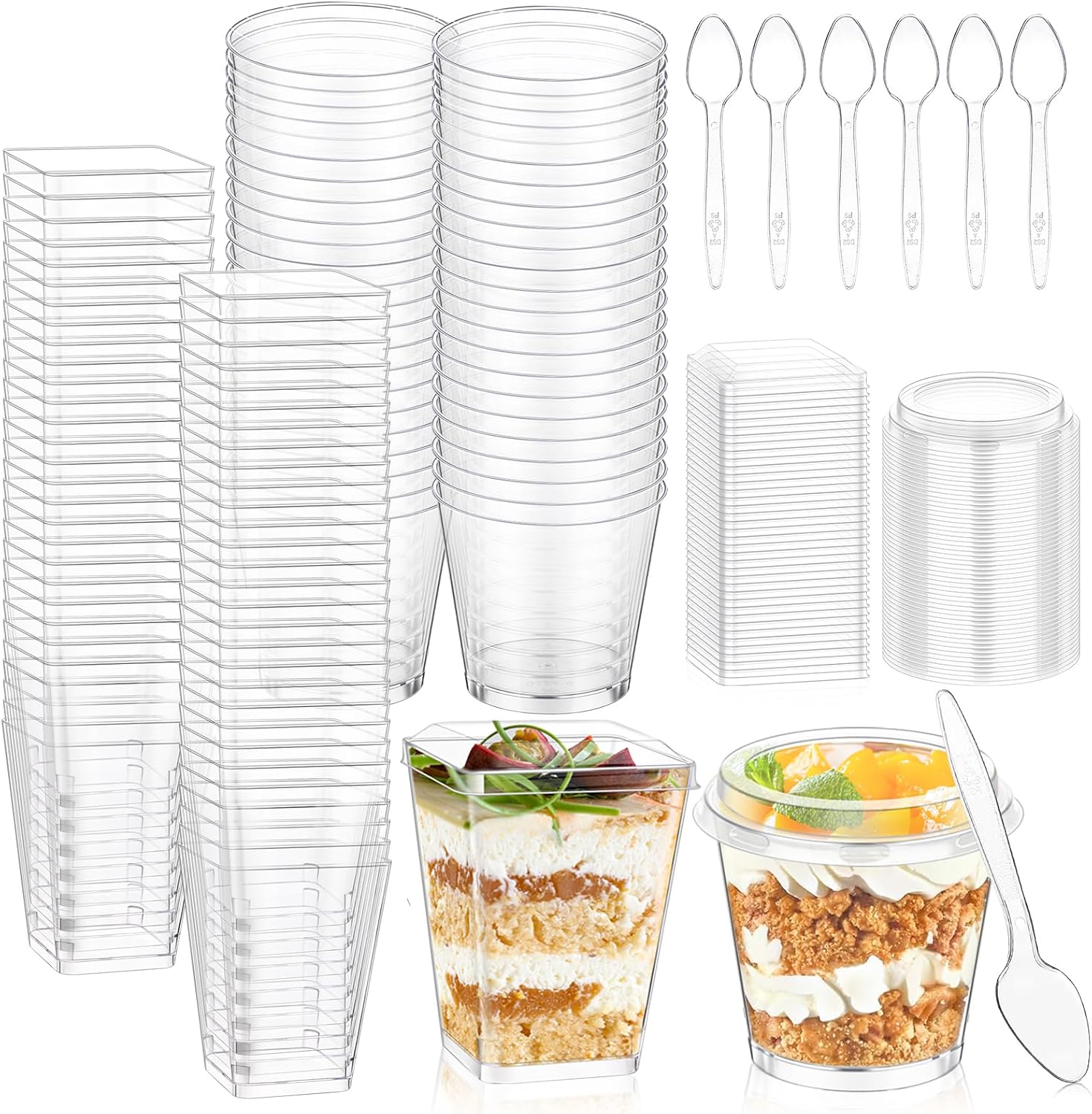 Detalle de DI QIU REN Clear Dessert Cups, 7 oz Round and 5 oz Square, with Lids & Spoons