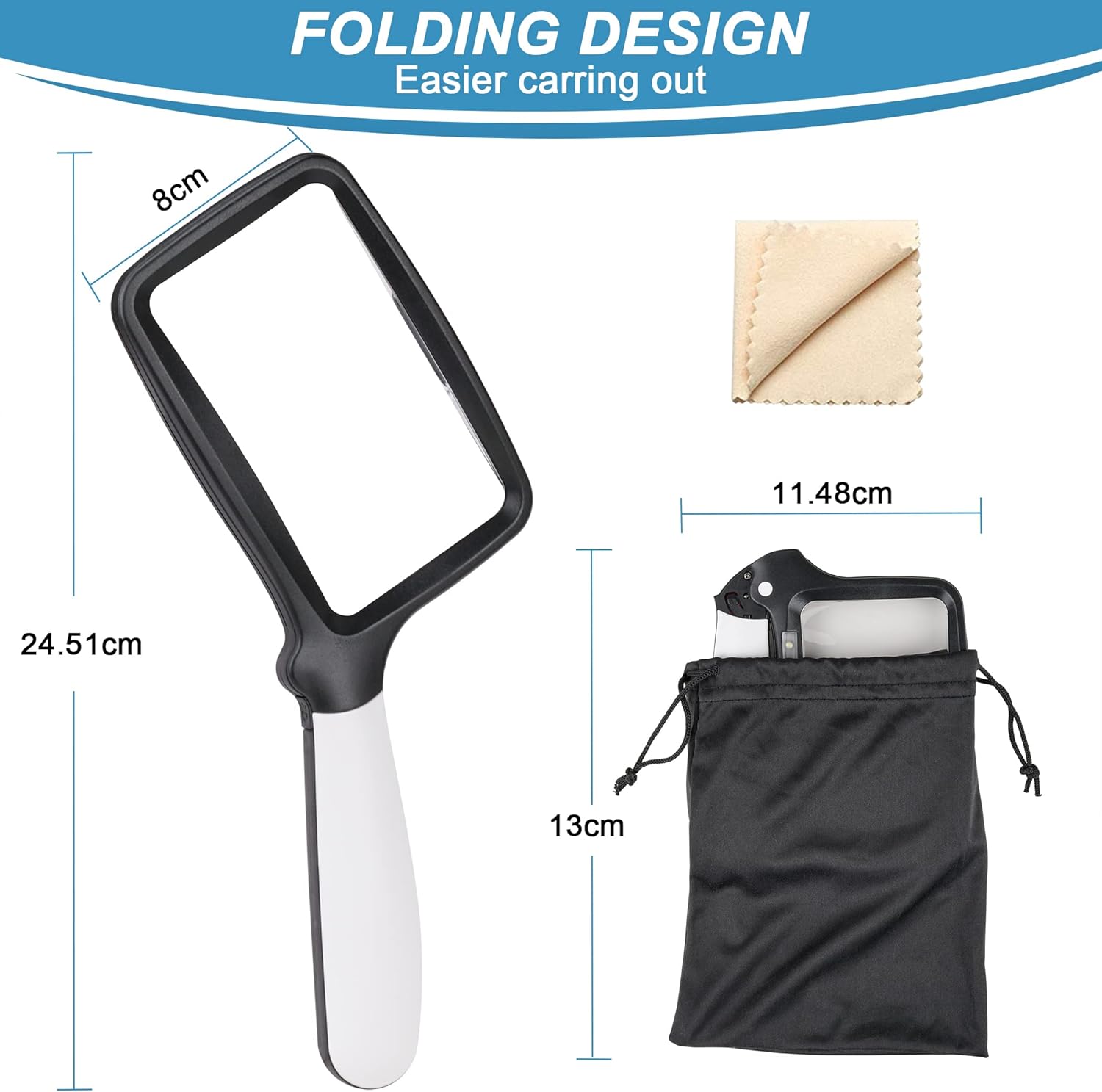 Thumbnail 3 de Nazano Rectangular LED Magnifying Glass with Light, 5 LEDs and 3x Magnification (Foldable, 2 Brightness Modes)