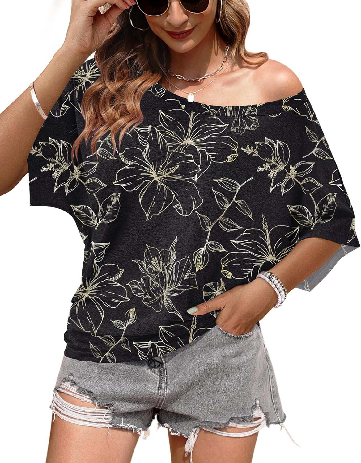 Thumbnail 6 de WNEEDU T-shirt donna manica corta estiva con scollo ampio, girocollo/top monospalla