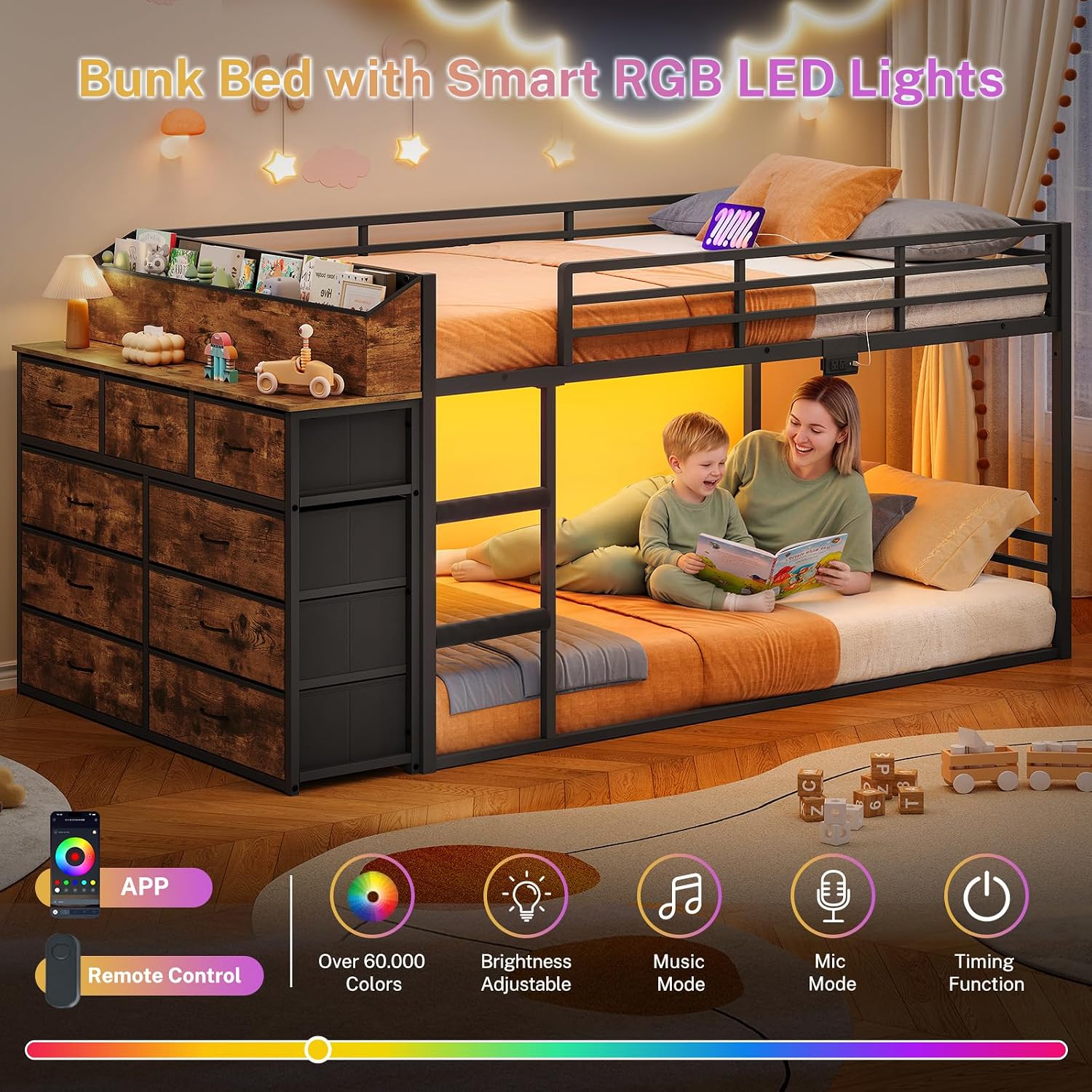 Detalle de Twin-over-Twin Metal Bunk Bed with 9 Drawers