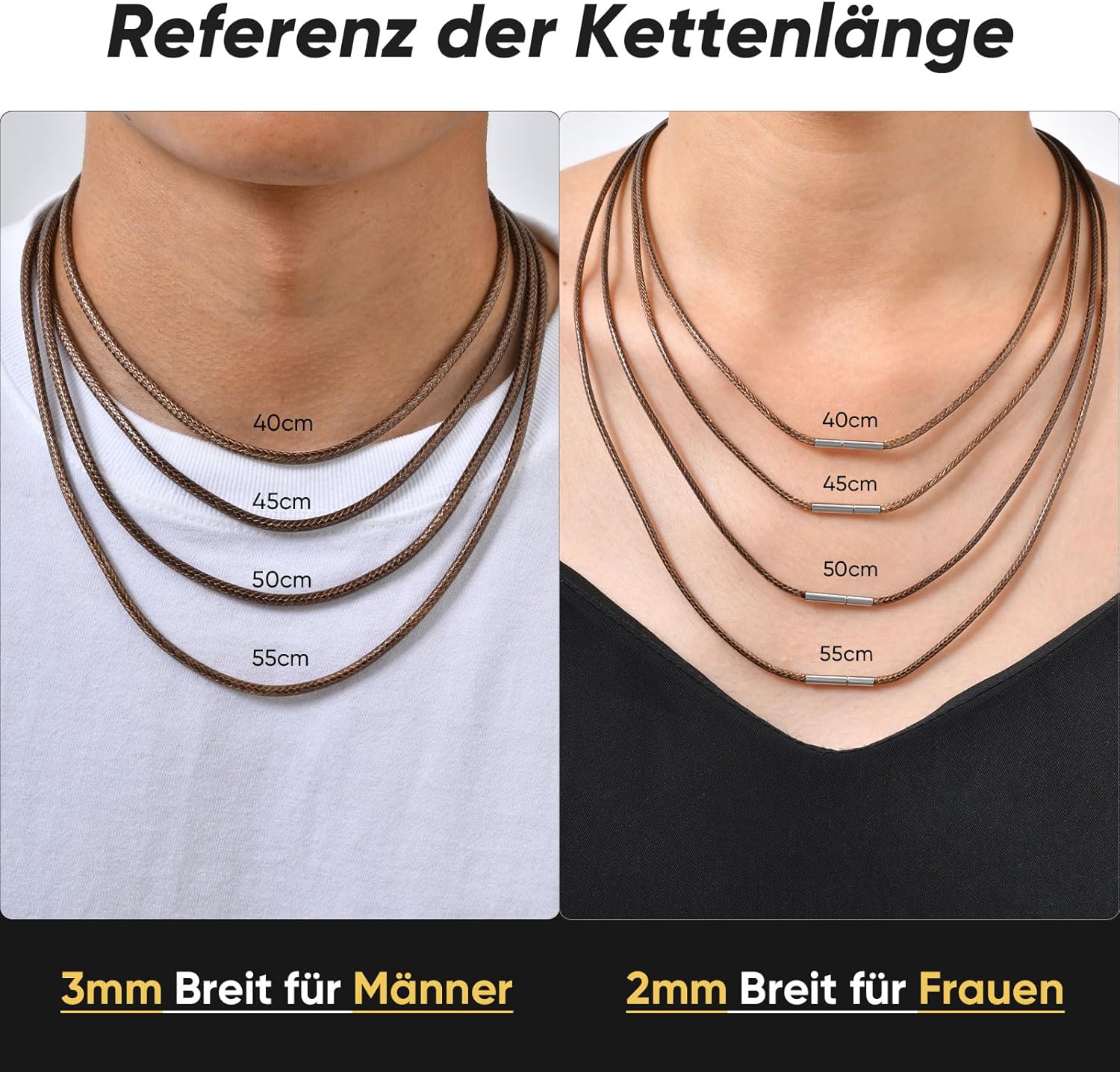 Thumbnail 1 de VNOX Leder-Halskette für Herren & Damen mit 316L-Edelstahlverschluss – 2/3 mm, Braun/Schwarz, 40–55 cm