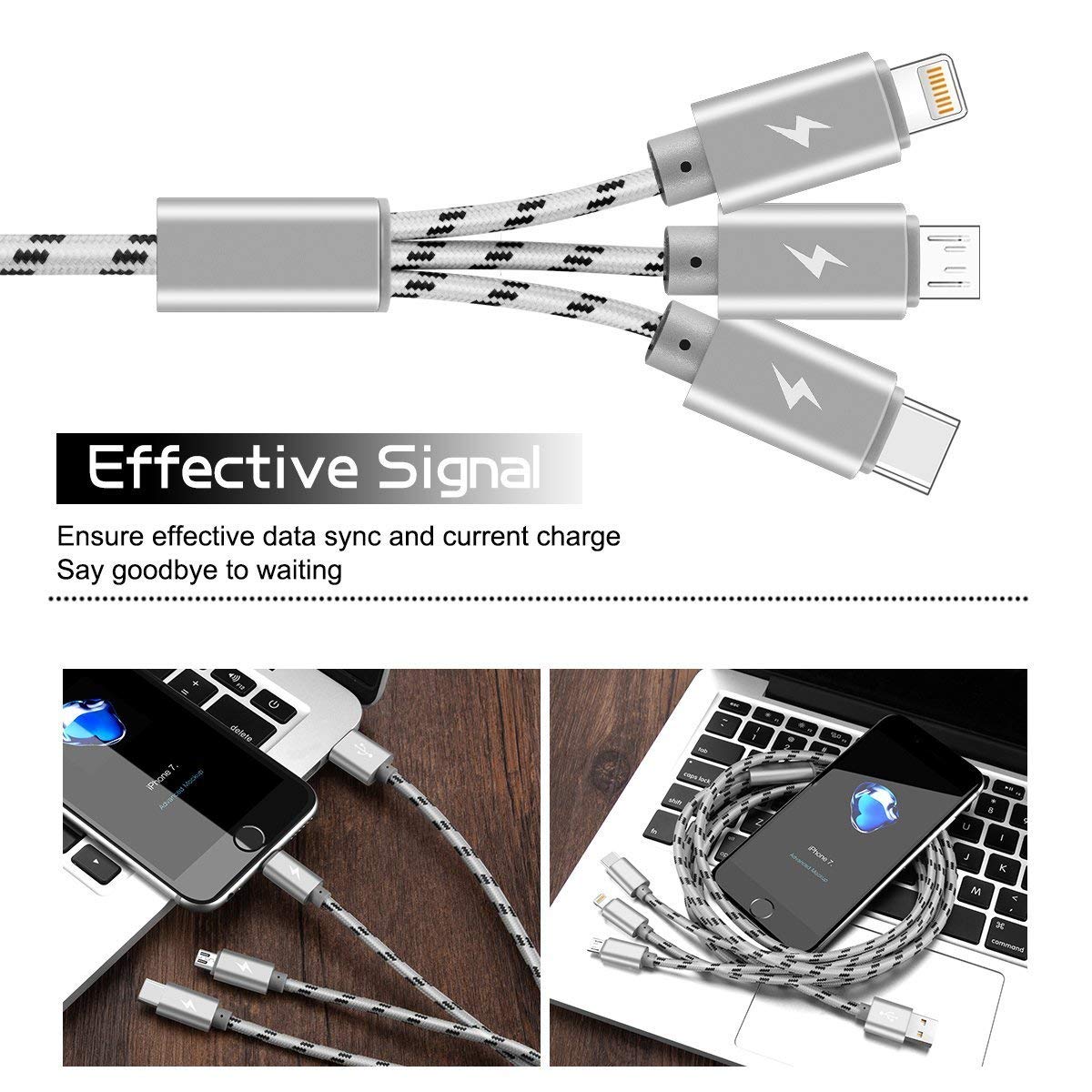 Detalle de ASICEN 3-in-1 3M Nylon Braided Multi Charger Cable (Lightning/USB‑C/Micro USB) – 3A