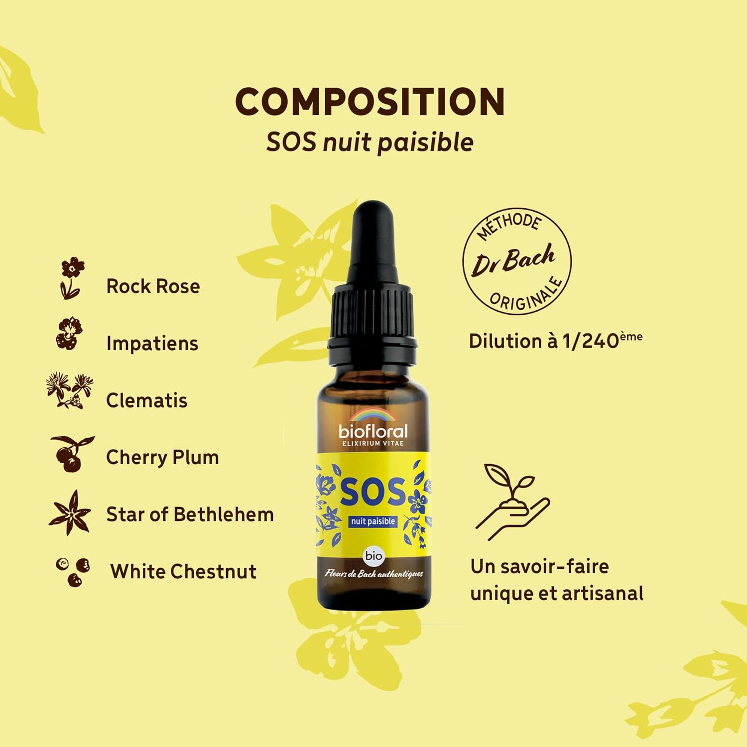 Detalle de Biofloral Complexe 39 Fleur de Bach – Elixir nocturne & secours en compte-gouttes 20 ml