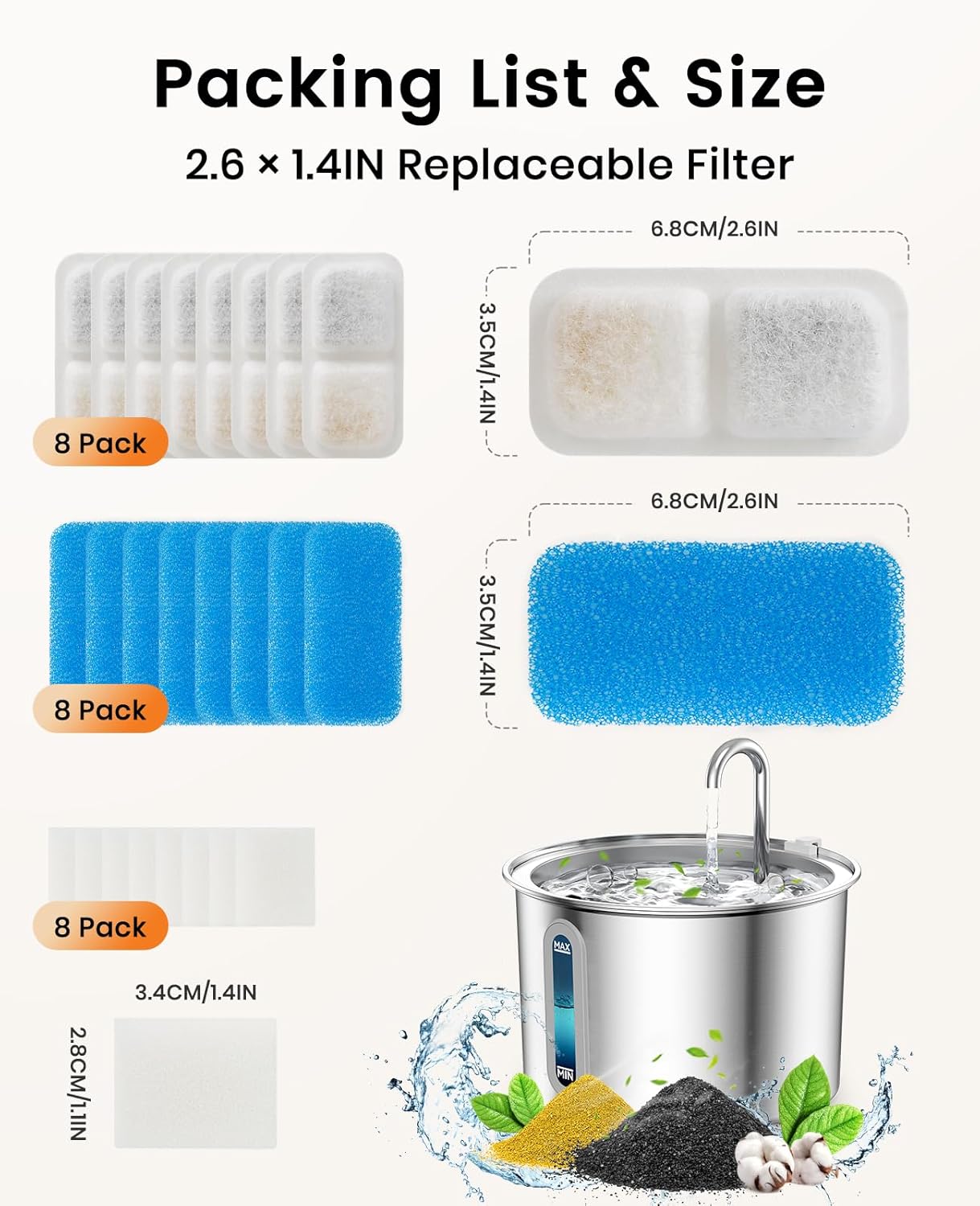 Thumbnail 1 de oneisall 8-Pack filtri sostitutivi per fontana per gatti in acciaio inox 316 con carbone attivo
