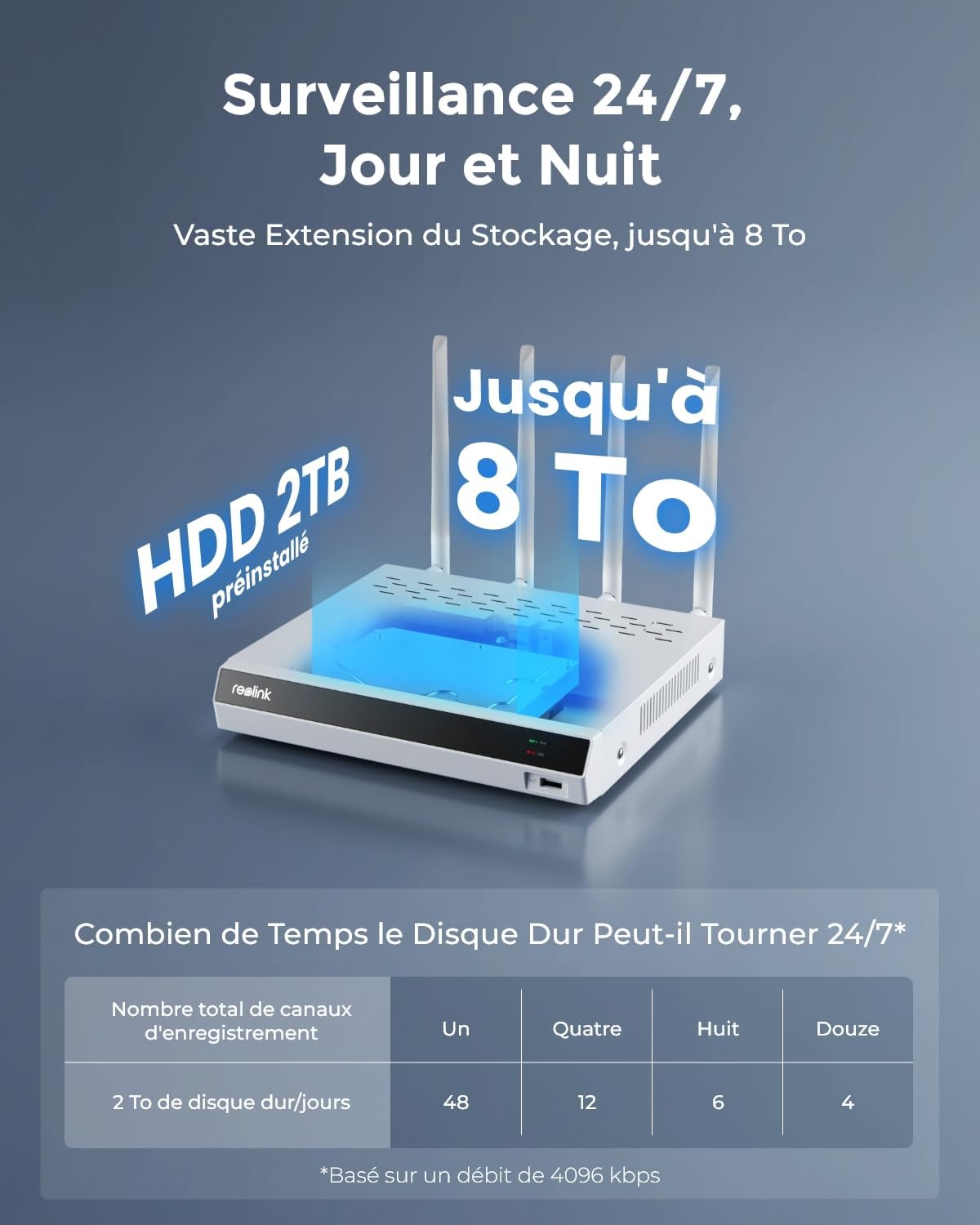 Detalle de Reolink 4K Wi‑Fi: kit 4 caméras extérieures + NVR 12 canaux (RLK12-800WPT4)