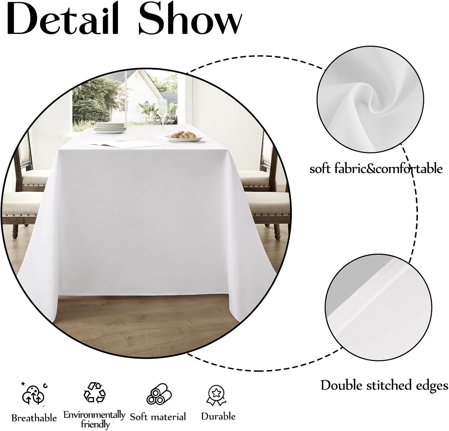 Detalle de Aocoz 90x132 Inch Rectangular Tablecloth – 2 Pack, White, Polyester, Stain-Resistant & Washable