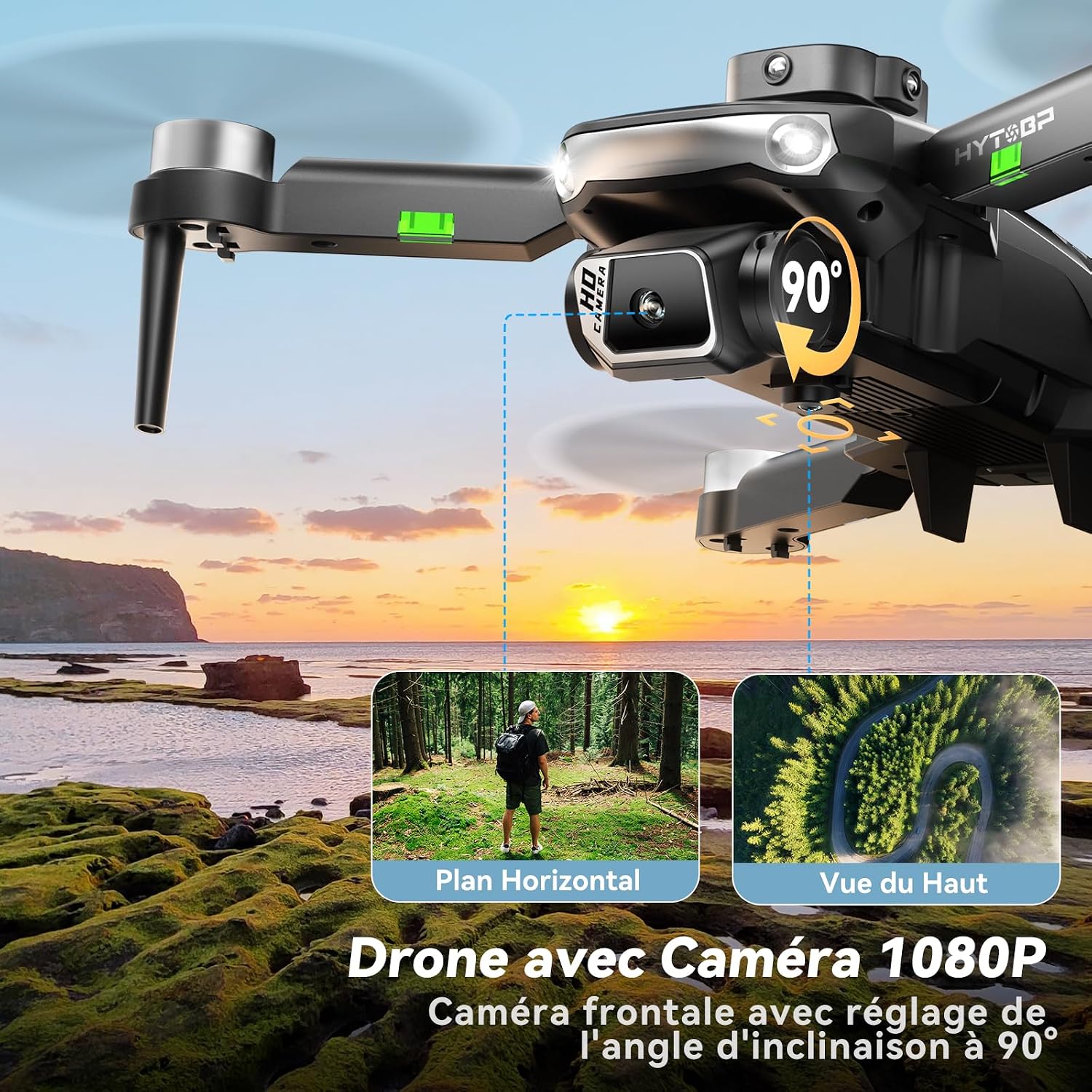Detalle de Drone avec caméra 1080p, moteur sans balais et caméra réglable à 90°