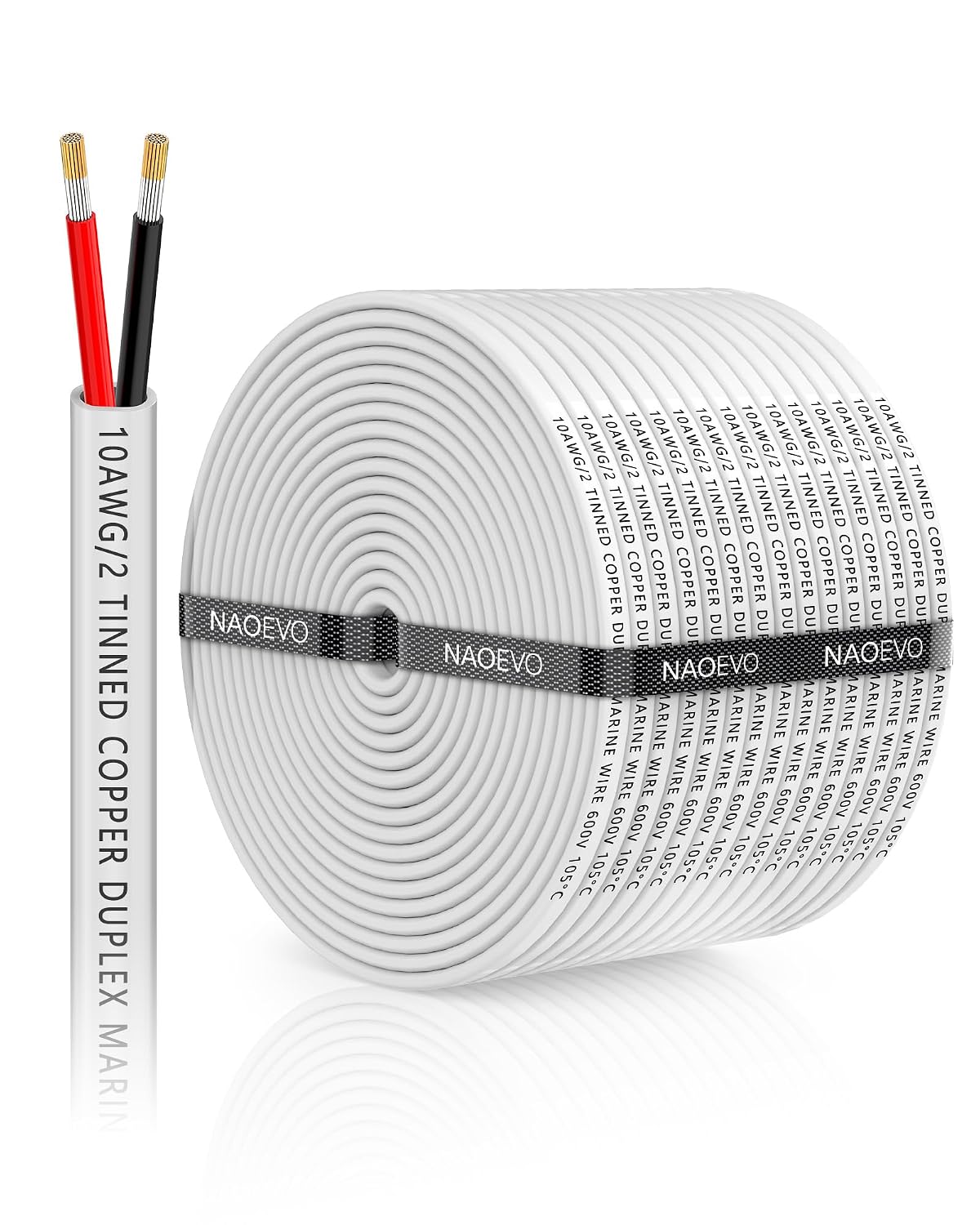 Detalle de NAOEVO BEC2W-10A100FT 10 AWG Duplex Marine Wire, Tinned Copper, 100 ft