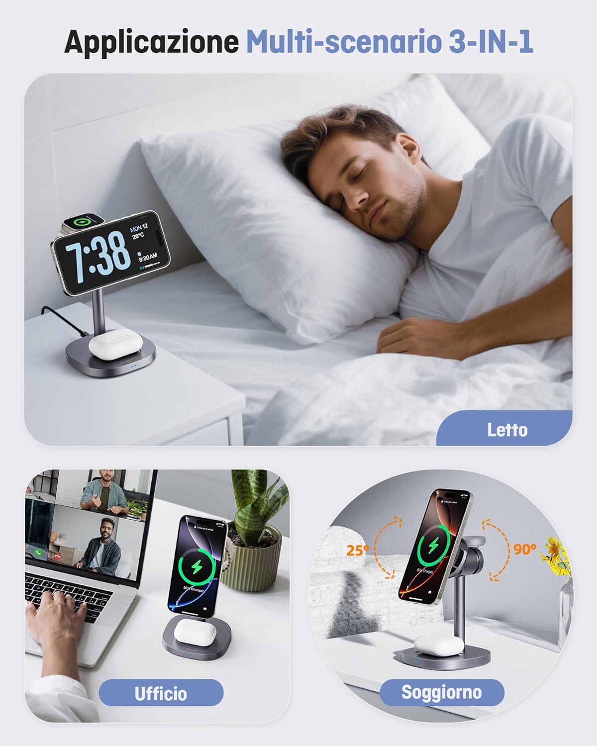 Thumbnail 5 de Augnner 3 in 1 Caricatore Wireless Qi2.2 25W con Mag-Safe, raffreddamento attivo e stazione MagSafe per iPhone e Apple Watch/AirPods