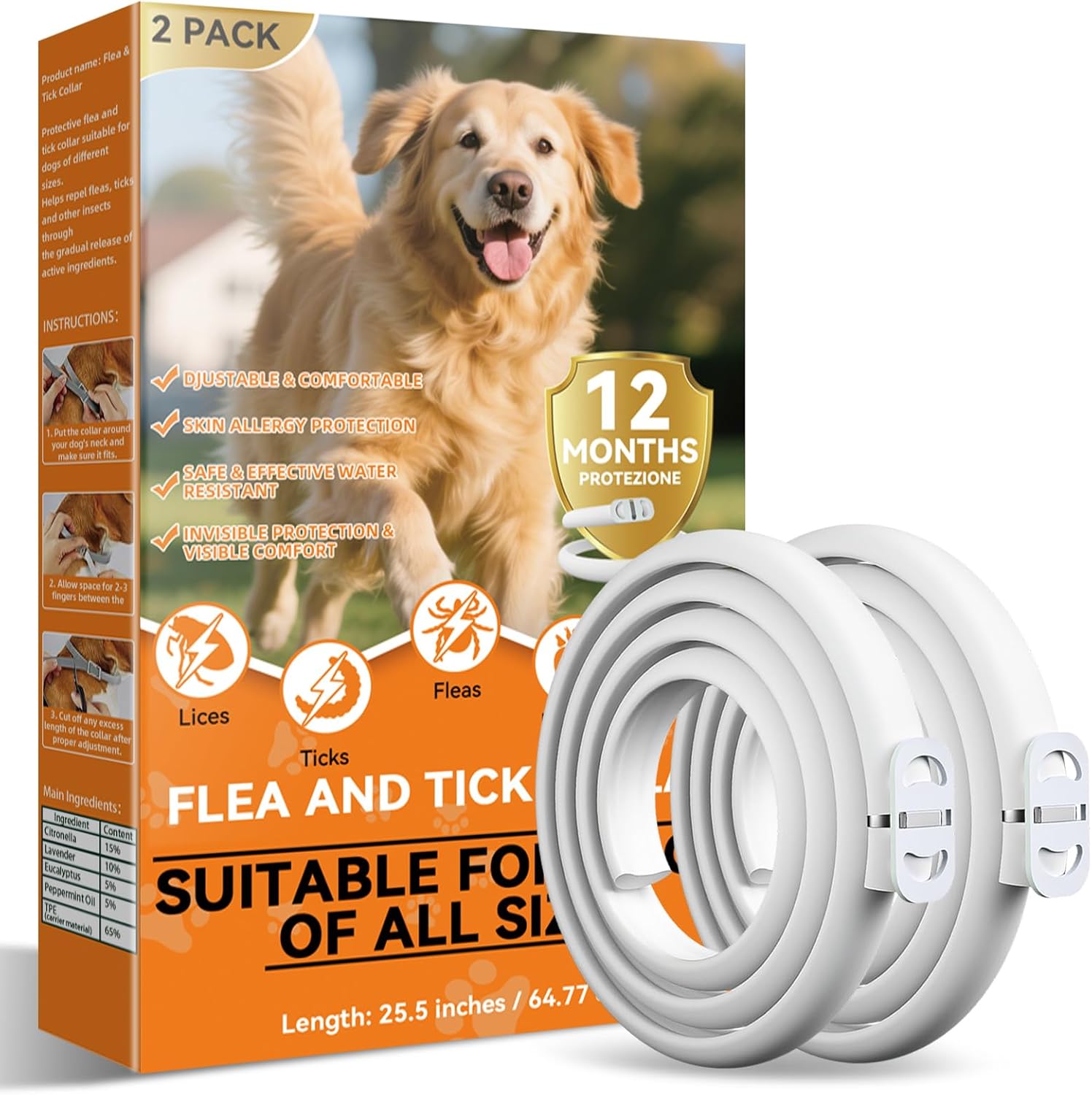 Detalle de Aarovibe Collier Anti Puces pour Chien – Réglable 65 cm, Imperméable et Efficace 12 Mois (2 Pack)