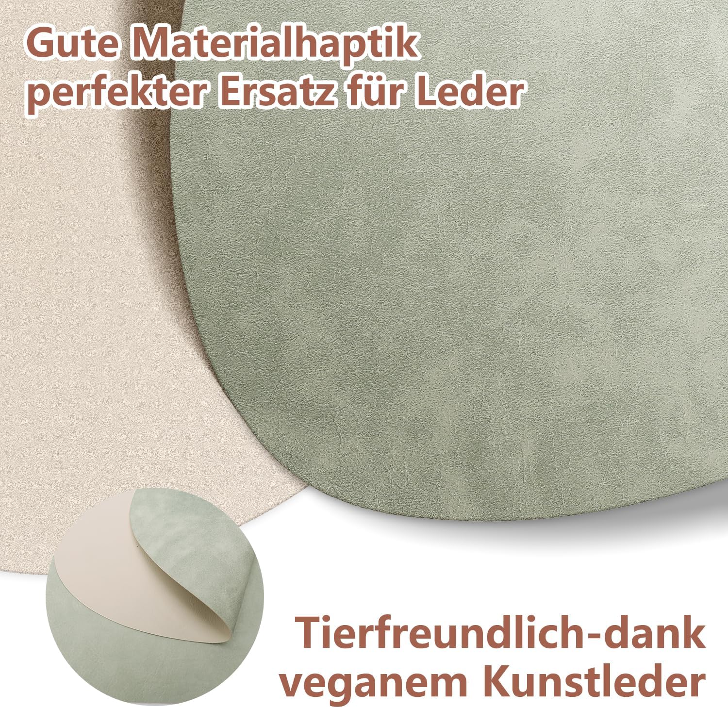 Detalle de HELI MIAO 6er Set Tischsets aus Leder-Imitat – wasserdichte, abwaschbare Platzsets mit rutschfester Unterseite (Oval, Hellgrün+Beige)